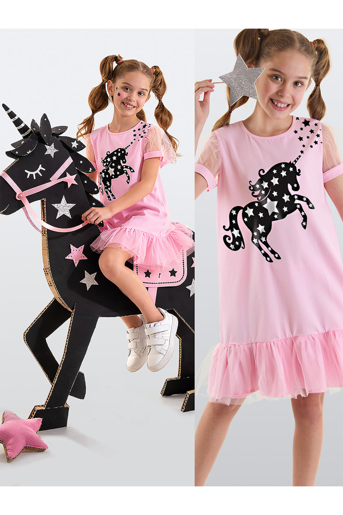 Starry Unicorn Girl Pink Tulle Ruffle Summer Dress