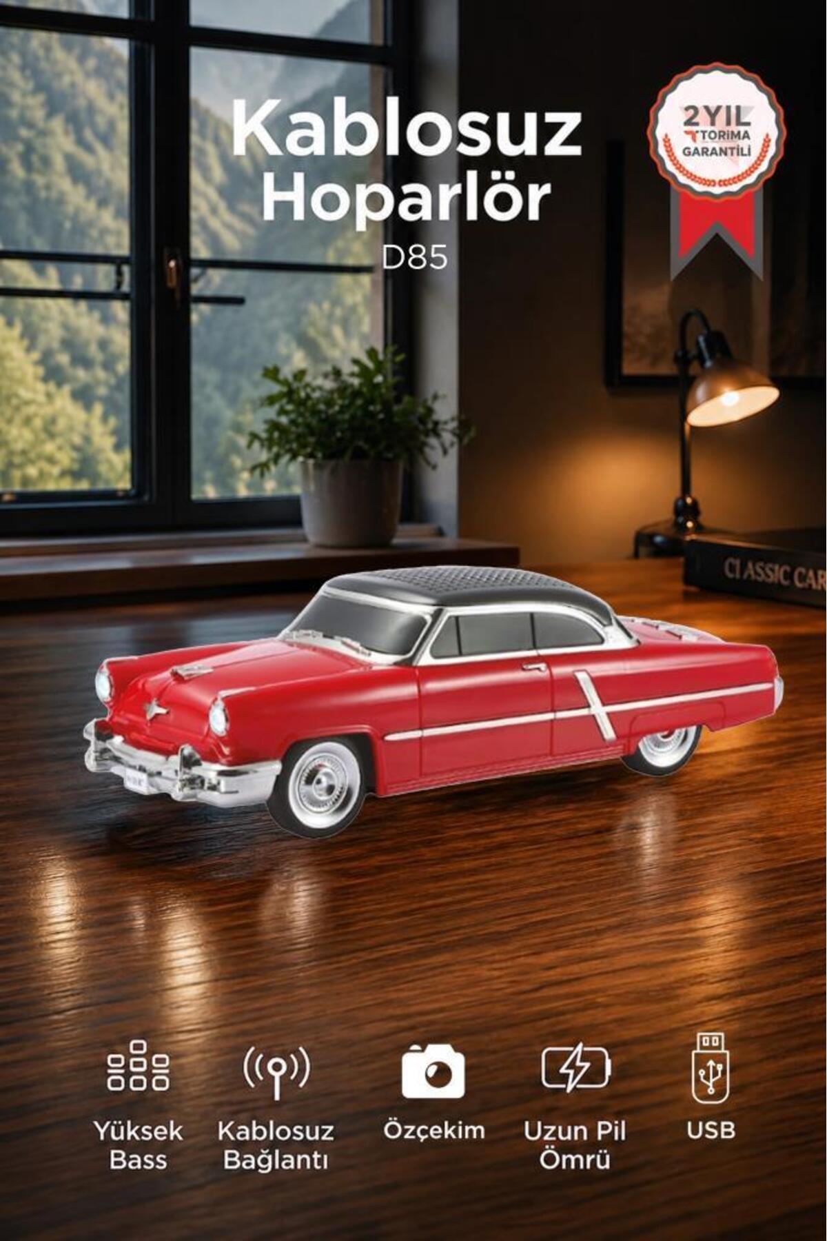 Bluetooth Speaker Retro Classic Car Design 10W FM USB Selfie Speaker D85 Red