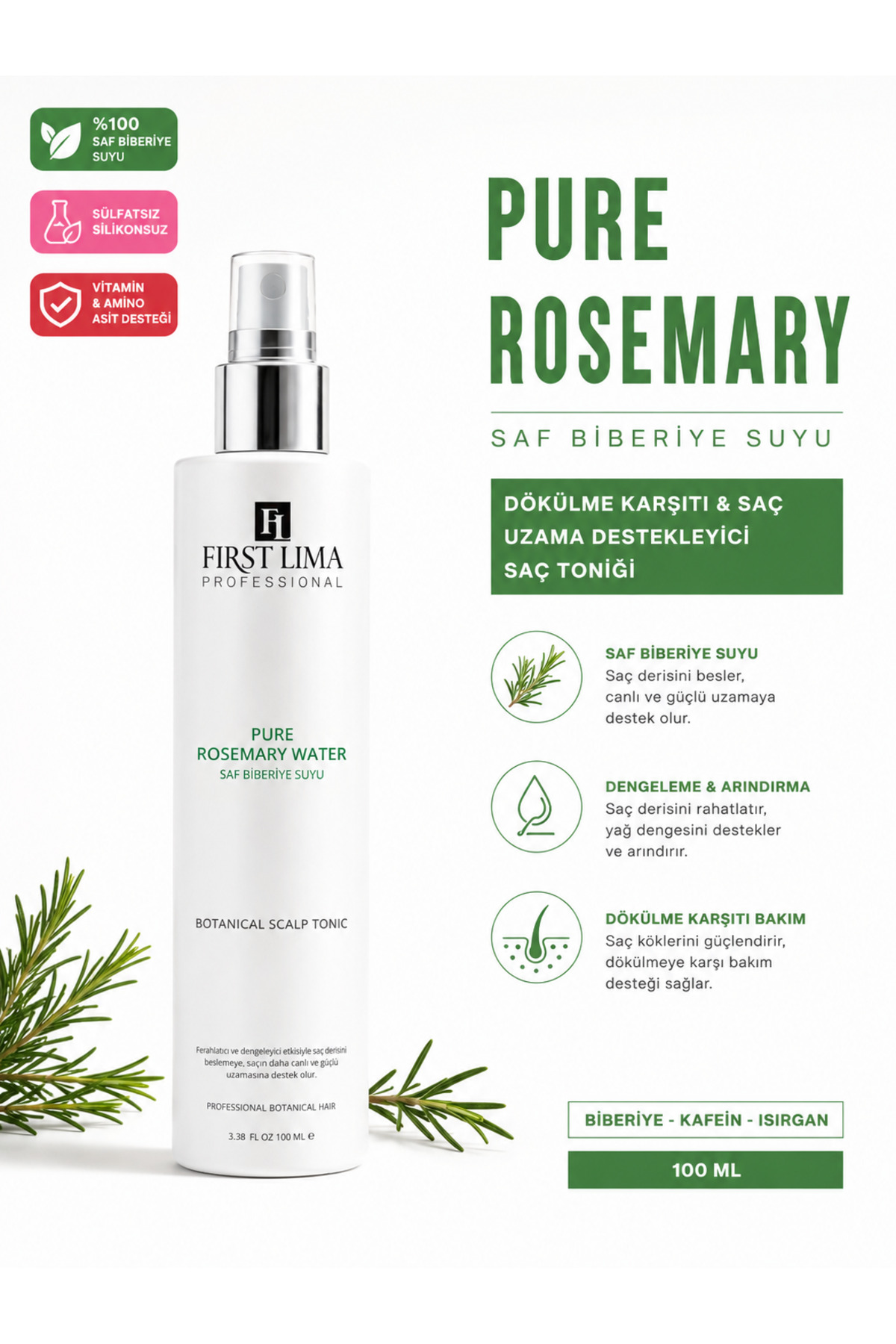 First Lima Professional Biberiye Suyu Saç Dökülmesi Karşıtı ve Uzama Destekleyici Saç Toniği Doğal 100 Ml — Pure