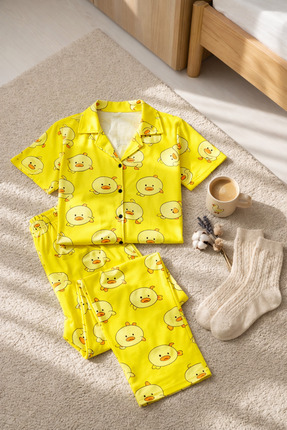 Roza Pijama Sevimli Desenli Kısa Kol Rahat Kesim Sarı Kadın Pijama Takımı – R...