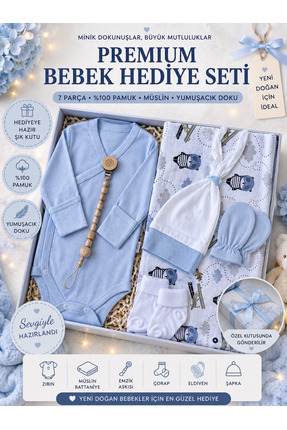 Kereminko Bebek Yenidoğan Erkek Bebek Hediye Seti | Şapka, Eldiven, Zıbın, Ço...