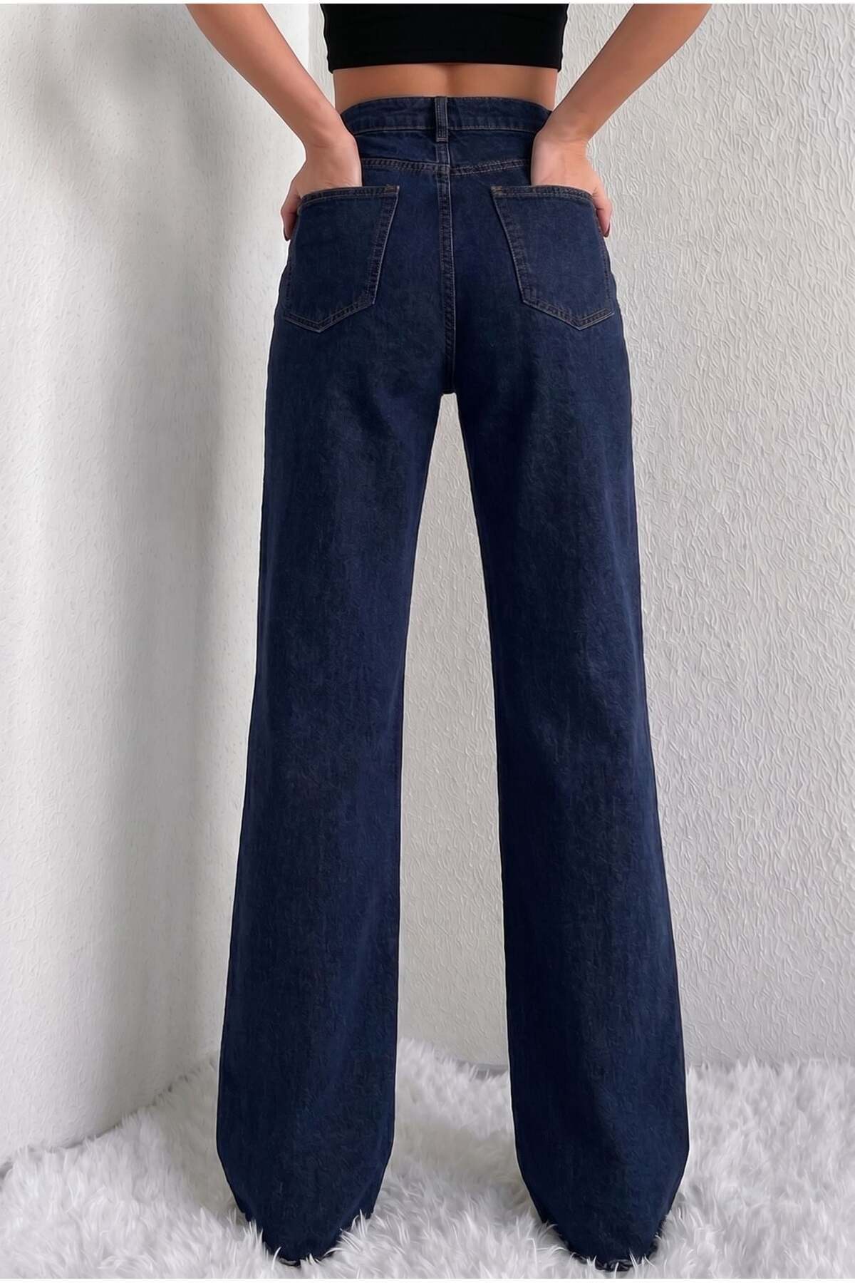 HerTon Pantaloni de damă, albastru marin închis, cu talie înaltă și croială l...