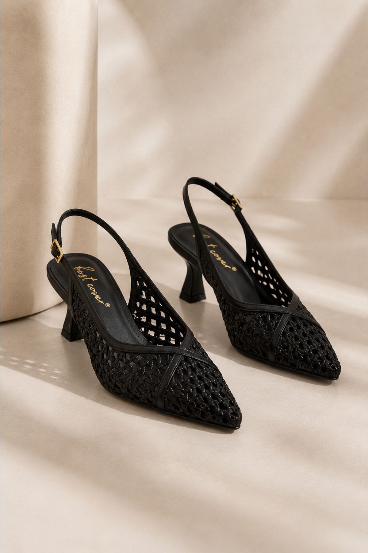 Best Cover ALIX Kadın Siyah Hasır Dokulu Sivri Burun Kadeh Topuklu Slingback Ayakkabı