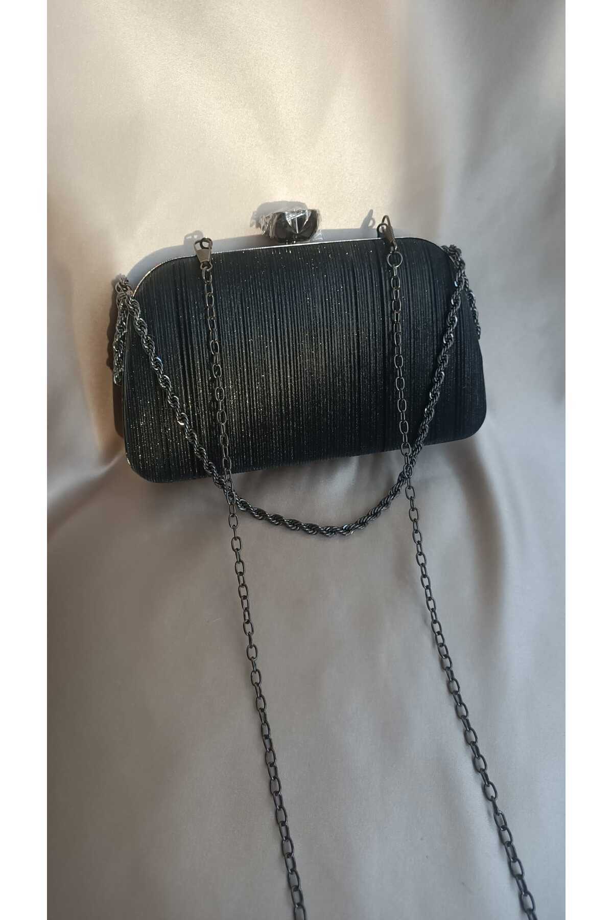 Gül Karatekin Kadın Siyah Sim Desenli Burgu Zincirli Portföy Özel Gün Düğün Nişan Clutch Abiye Çanta görsel 2