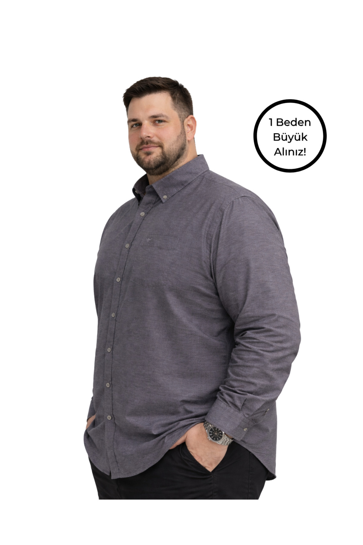 BattalModa Erkek Büyük Beden Füme Uzun Kollu Gömlek 3XL-4XL-5XL-6XL görsel 2