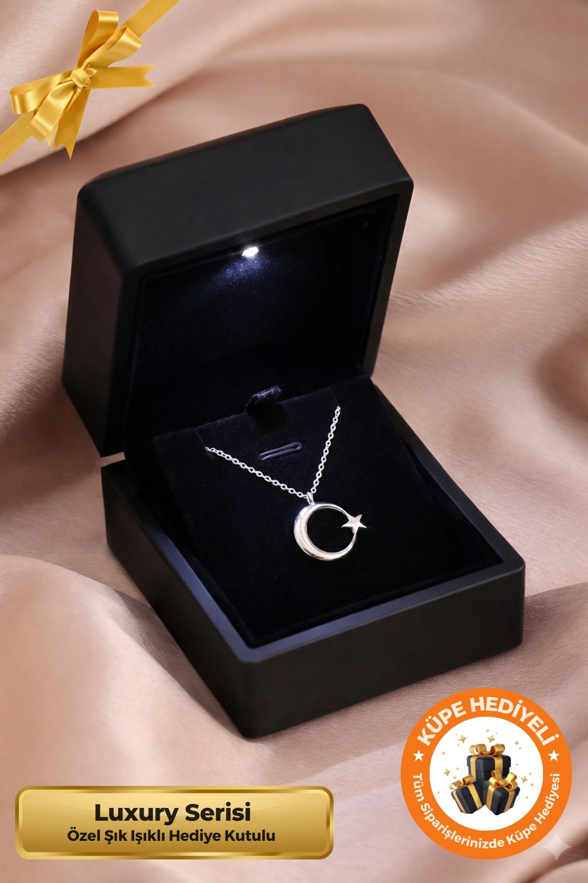 Lucente Jewellery Işıklı Hediye Kutulu Ay Yıldızlı 925 Ayar Luxury Serisi Türk Bayrağı Ayyıldızlı Özel Minimal Tasarım Gümüş Özel Gün Hediyesi 45 Cm Zincirli Küpe Hediyeli Hilal Ay ve Yıldız Kadın Kolye
