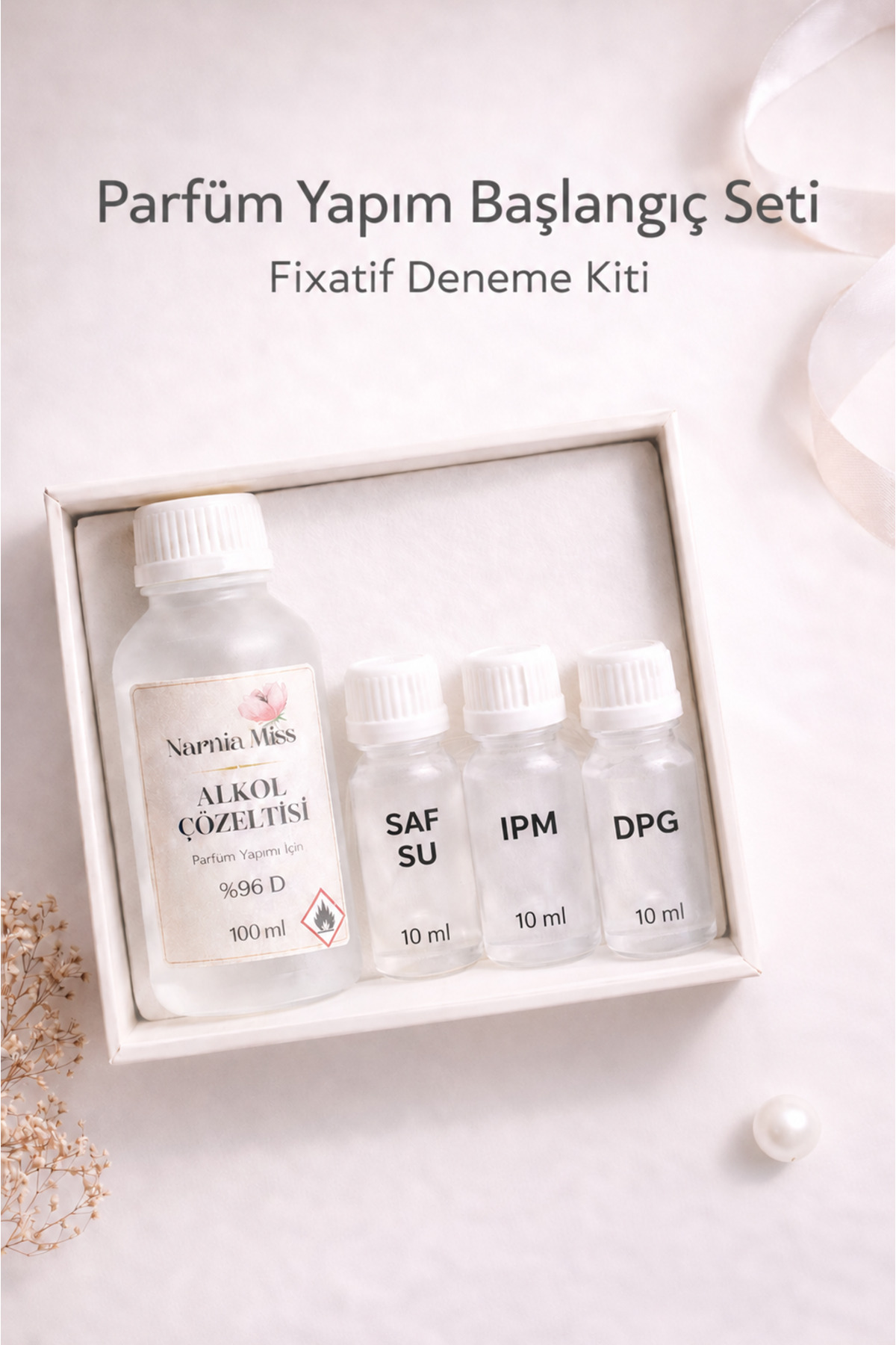 narniamiss Kalıcı, Alkol Kokusuz Parfüm Yapım Seti +96 D Alkol & Fixatif Seti ( IPM + DPG + Saf Su), kitapçık içermez — Gndfk