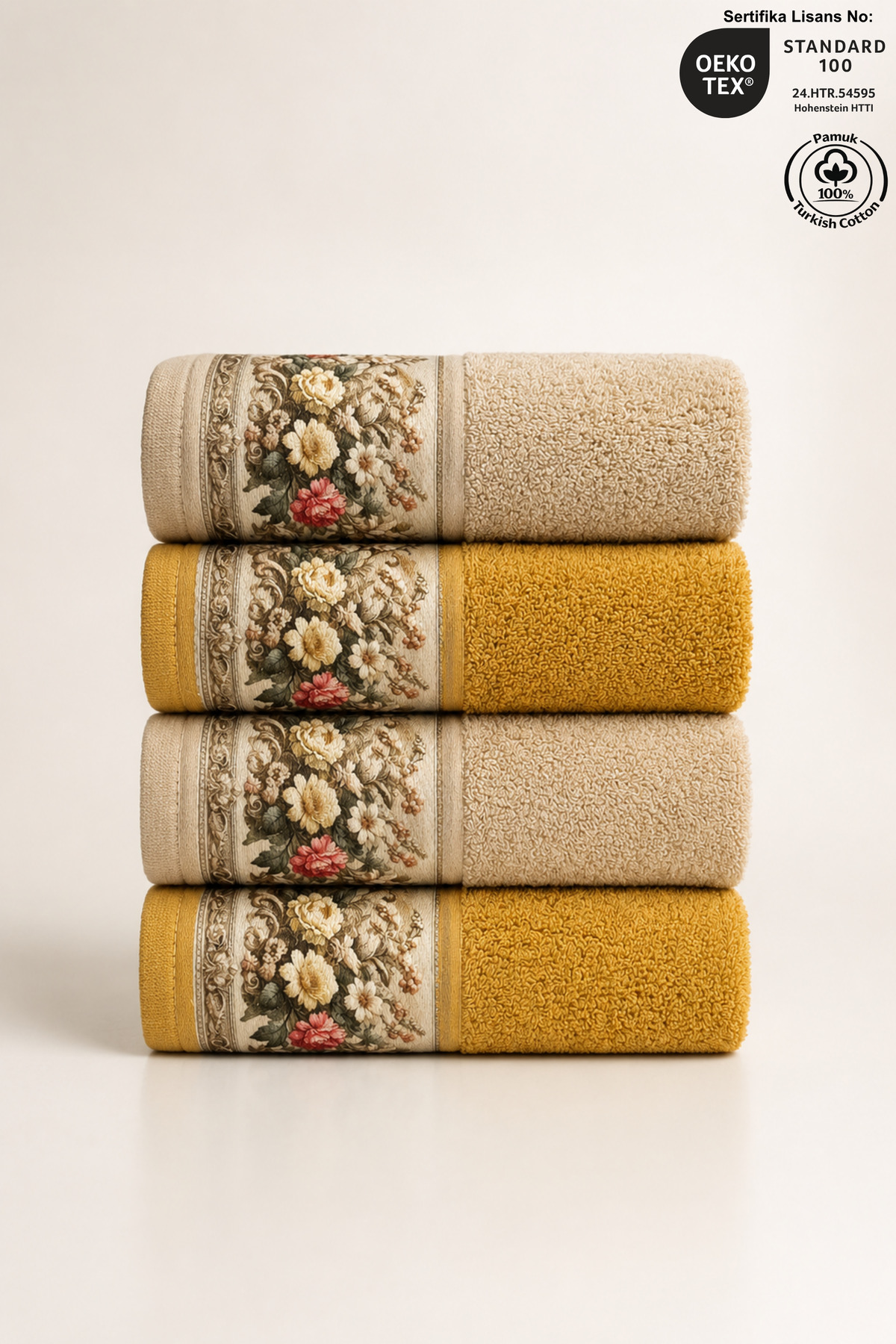 Fiore 4-Piece Towel Set 100% Cotton Certified, Flower Patterned Hand / Face / Kitchen Towel 50x90cm