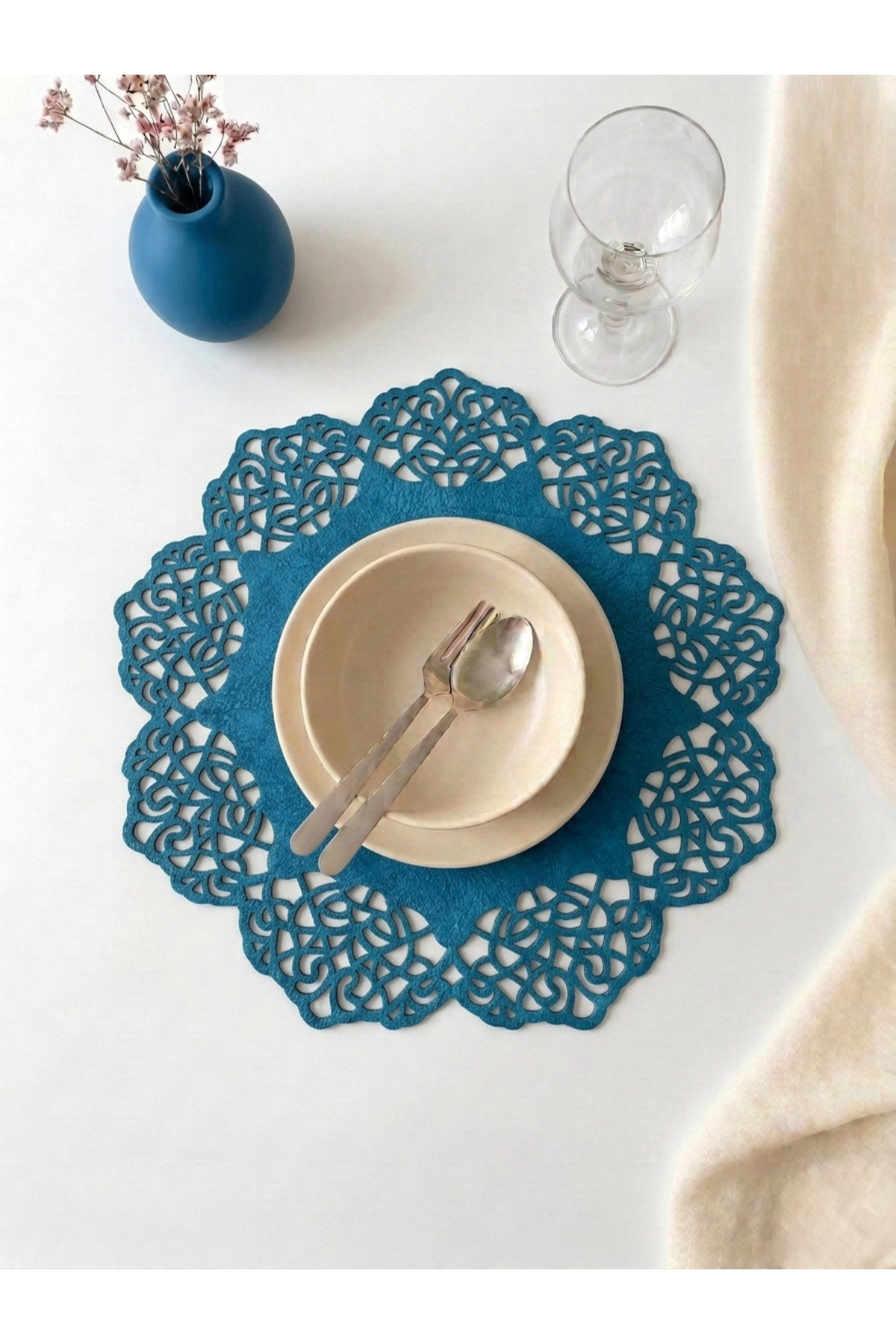Blue Suede Fabric Round Underplate American Service Set 6pcs 35x35cm
