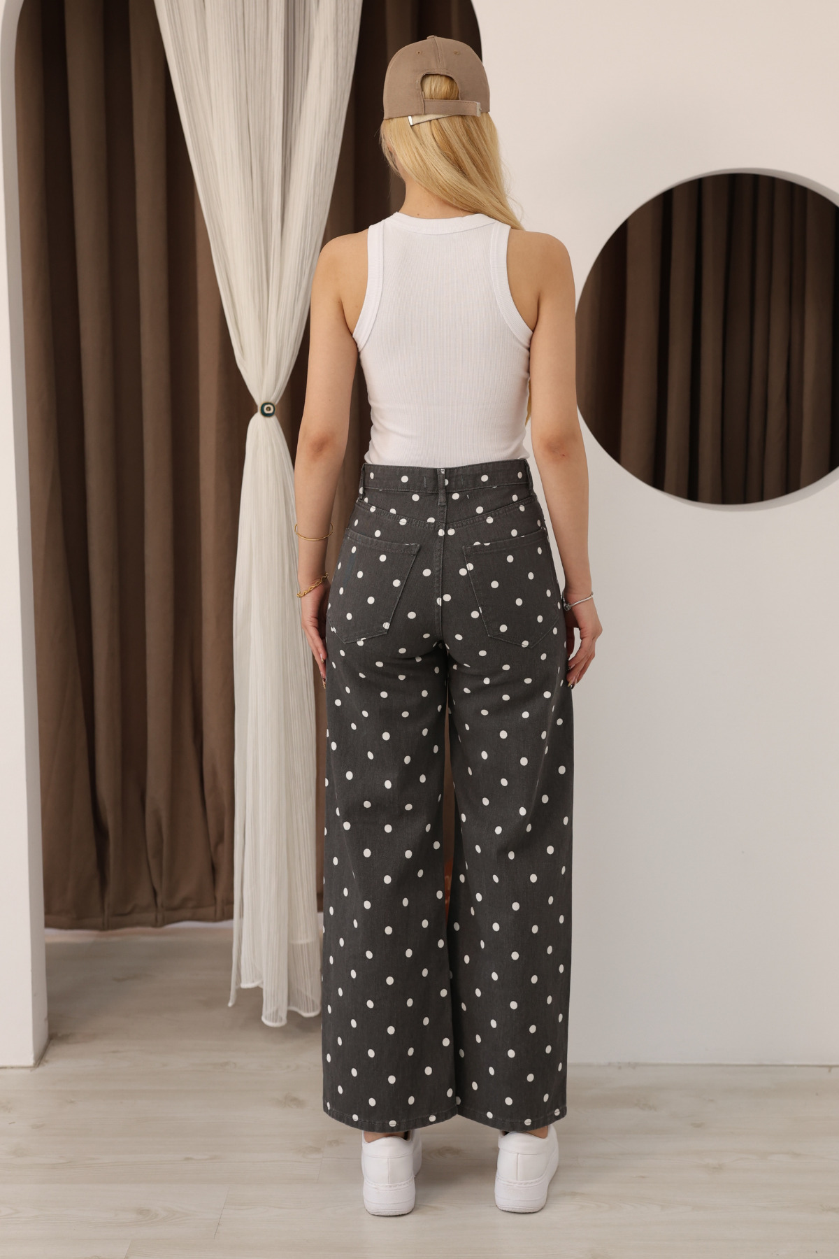 Kadın Füme Beyaz Puantiyeli Yüksek Bel Wide Leg Culotte Jean Pantolon Salaş Retro Denim