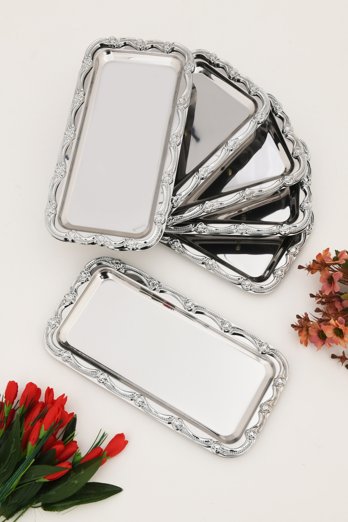 Rumlov Silver 6-Piece Stainless Steel Silver Frame Coffee Serving Tray Baton