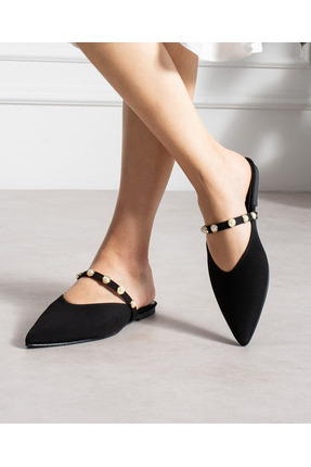 LORENN SHOES Pearl Siyah Mat Saten İnci Detaylı Kadın Terlik