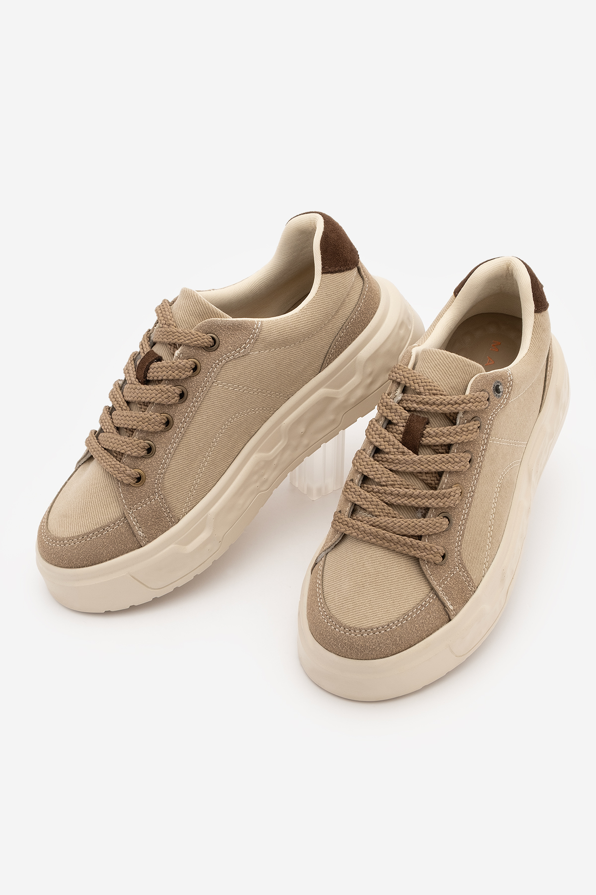 Marjin Kadın Sneaker Süet Yüksek Kalın Desenli Ultra Hafif Taban Bağcıklı Spor Ayakkabı Keten Noska Bej