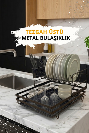 Wirewel İki Katlı Tezgah Üstü Tepsili Bulaşıklık, Paslanmaz Metal Kaşıklıklı ...