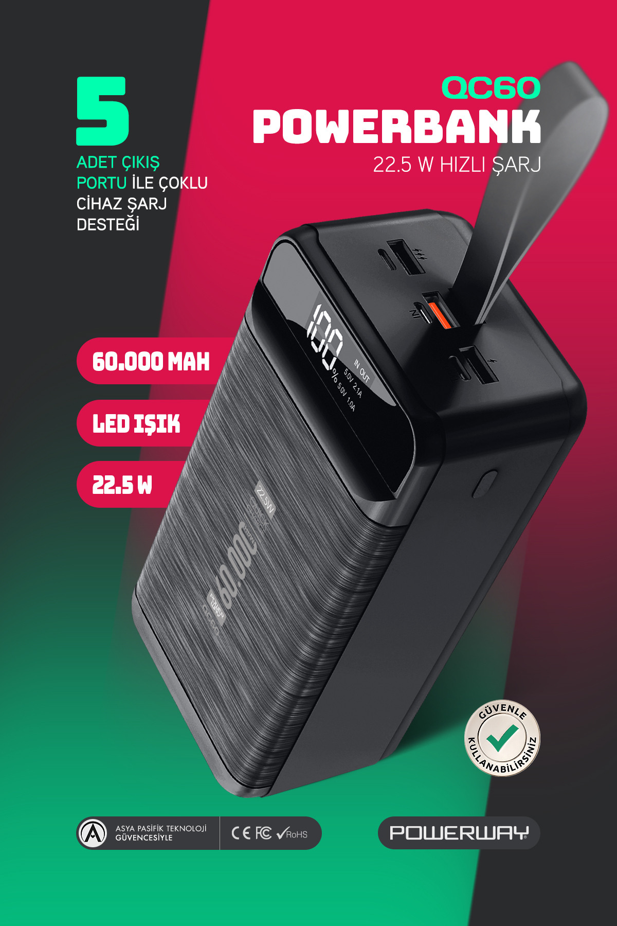 60.000 mAh Pd 22.5w Wired 3.0 Fast Charging Actual 60.000 mAh Guaranteed Illuminated Qc60 Black Powerbank