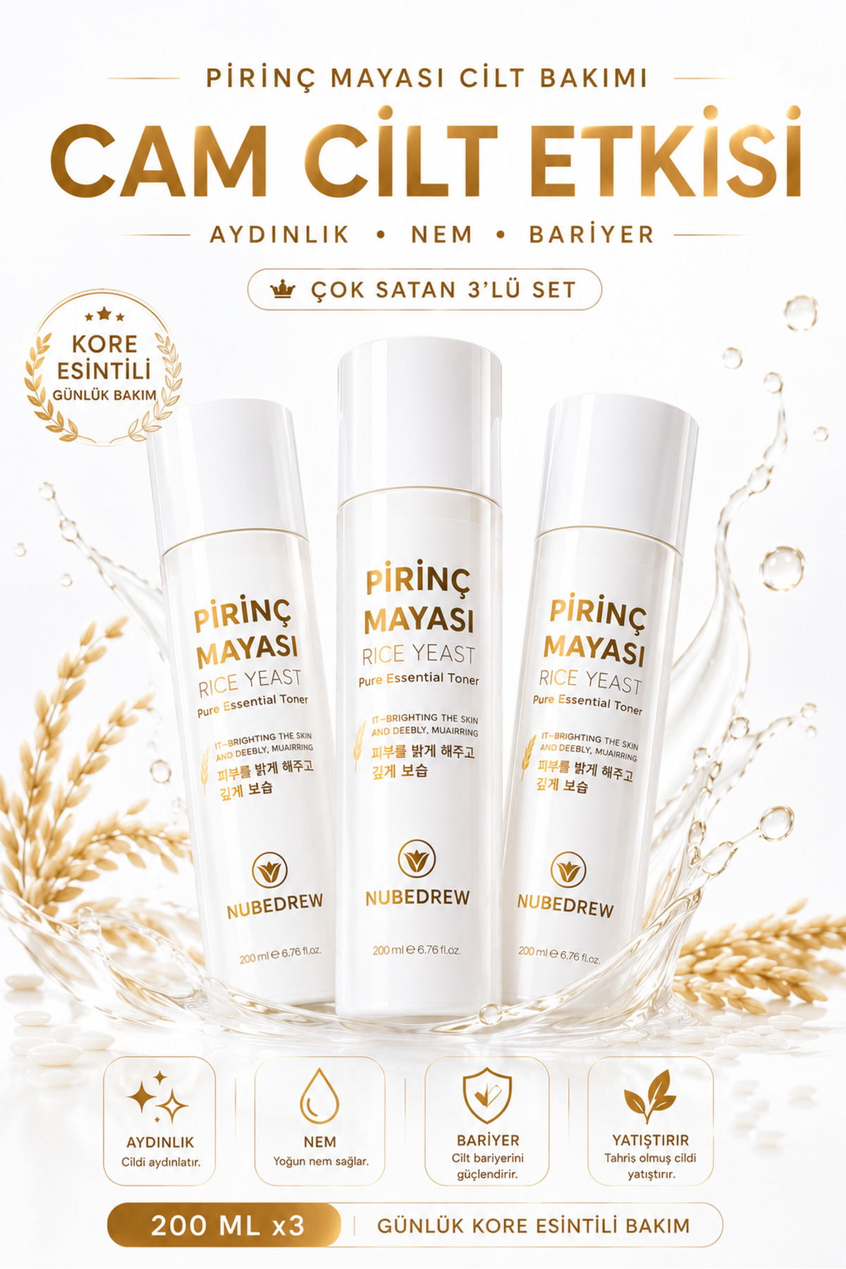 3 Adet Pirinç Mayası Tonik 200 ml Aydınlatıcı Beyazlatıcı Leke Karşıtı Nemlendirici Bakım Etkili — 3PİRİNÇMAYASI — تصویر 2 از 8