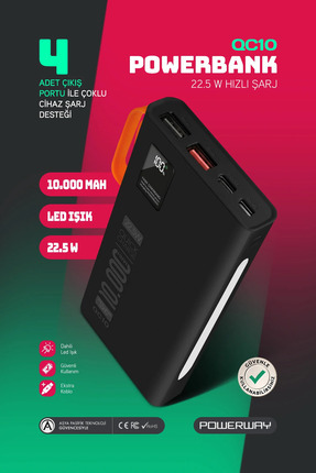 Powerway 10.000 Mah Pd 22.5W Dahili Kablolu Hızlı Şarj Led Fener Gerçek 10.00...