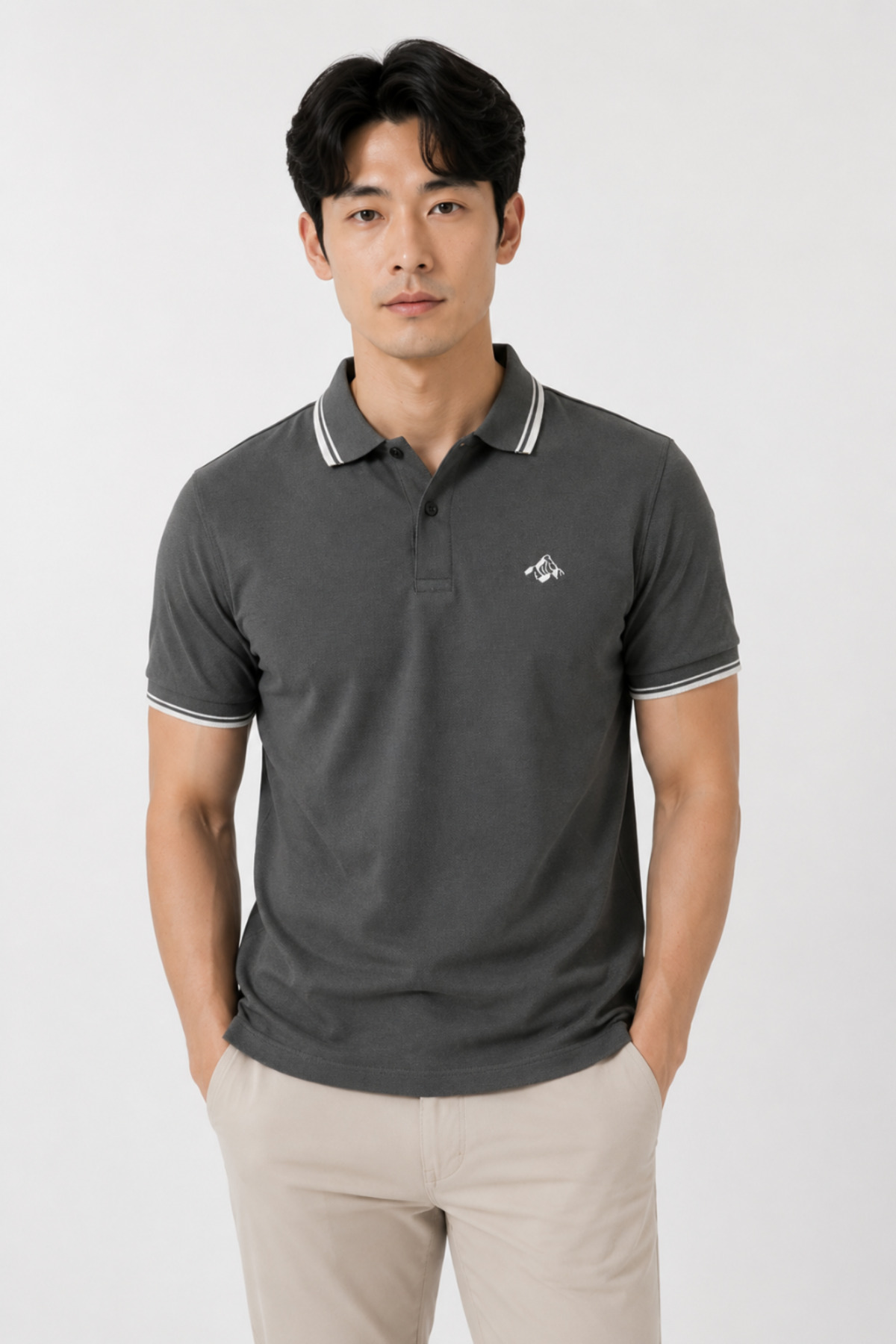 Mesh 100% Cotton Polo Collar Men's Anthracite T-Shirt, White Striped Short Sleeve Mesh Embroidered Model