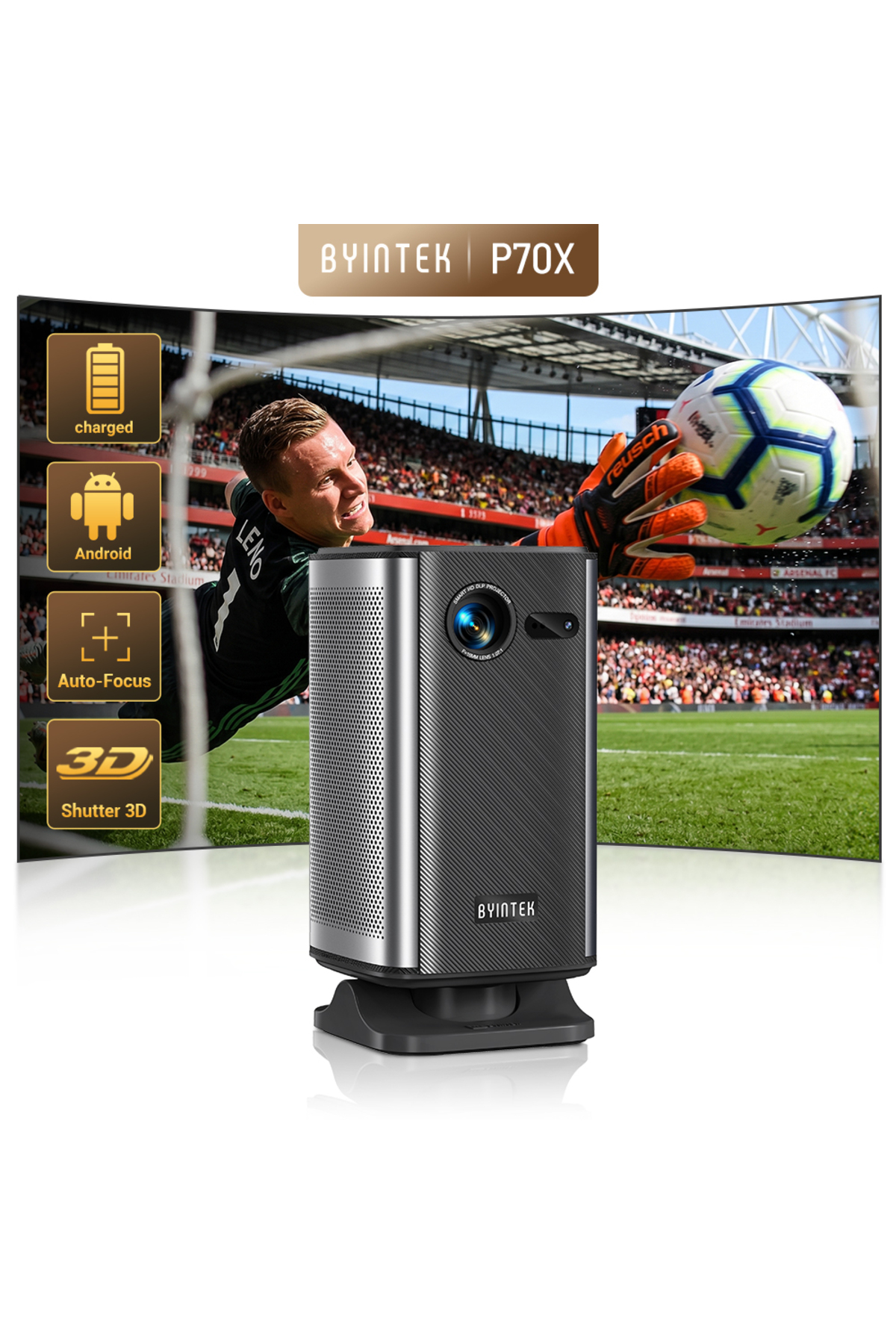 BYINTEK P70X 1080p Full HD 300 ANSI Lümen Taşınabilir DLP Android Projeksiyon Cihazı - TOF Lazer Otomatik Odaklamalı, 10000mAh Bataryalı