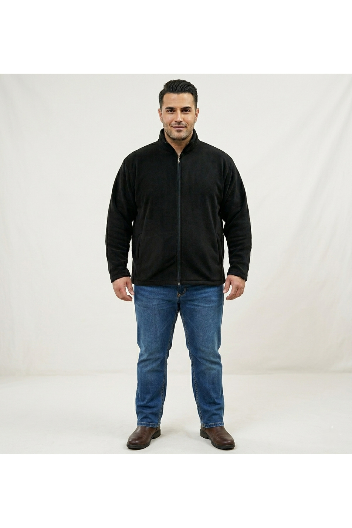 LOADER Unisex Siyah Bato Yaka Büyük Beden Tam Fermuarlı Polar Ceket