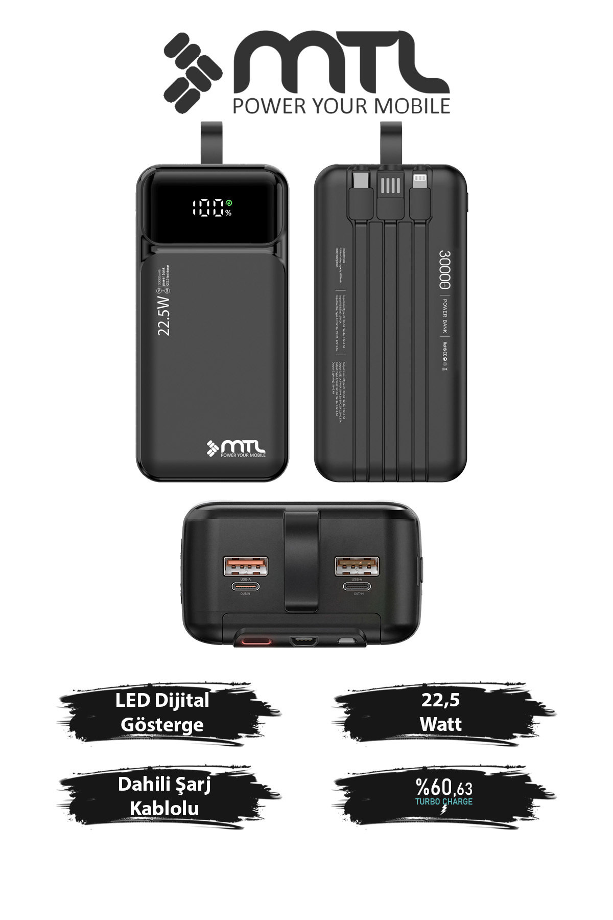 30000 mAh 22.5W Turbo Charger Built-in Wired Digital LED Display with PD and QC 3.0 Powerbank MT4330