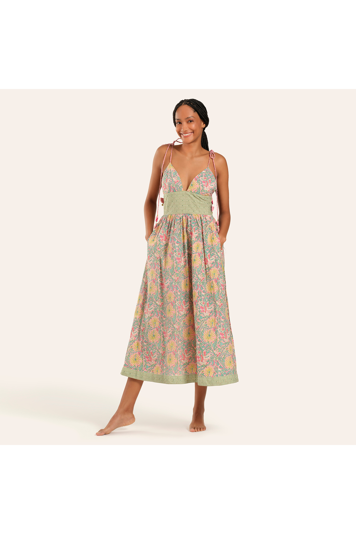 Hand Printed Dress with Gauze Strap - Colorful