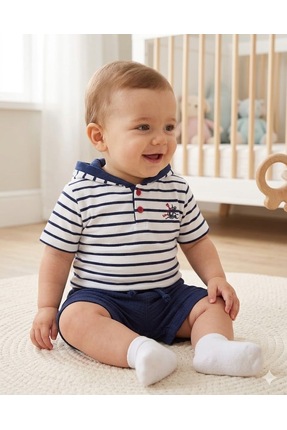 Valia Baby Gemici Model Müslin Şortlu Çizgili Erkek Bebek Kapüşonlu 2'li Takım