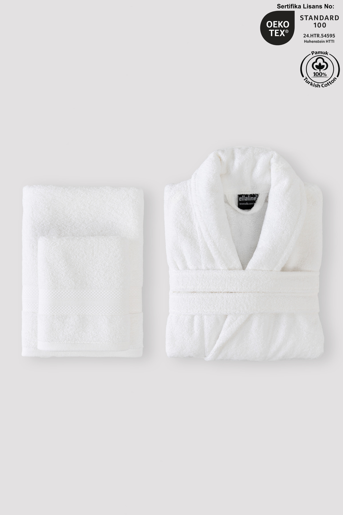 3-Piece Bathrobe Set 100% Cotton Certified, Shawl Bathrobe Body and Head Towel Set White