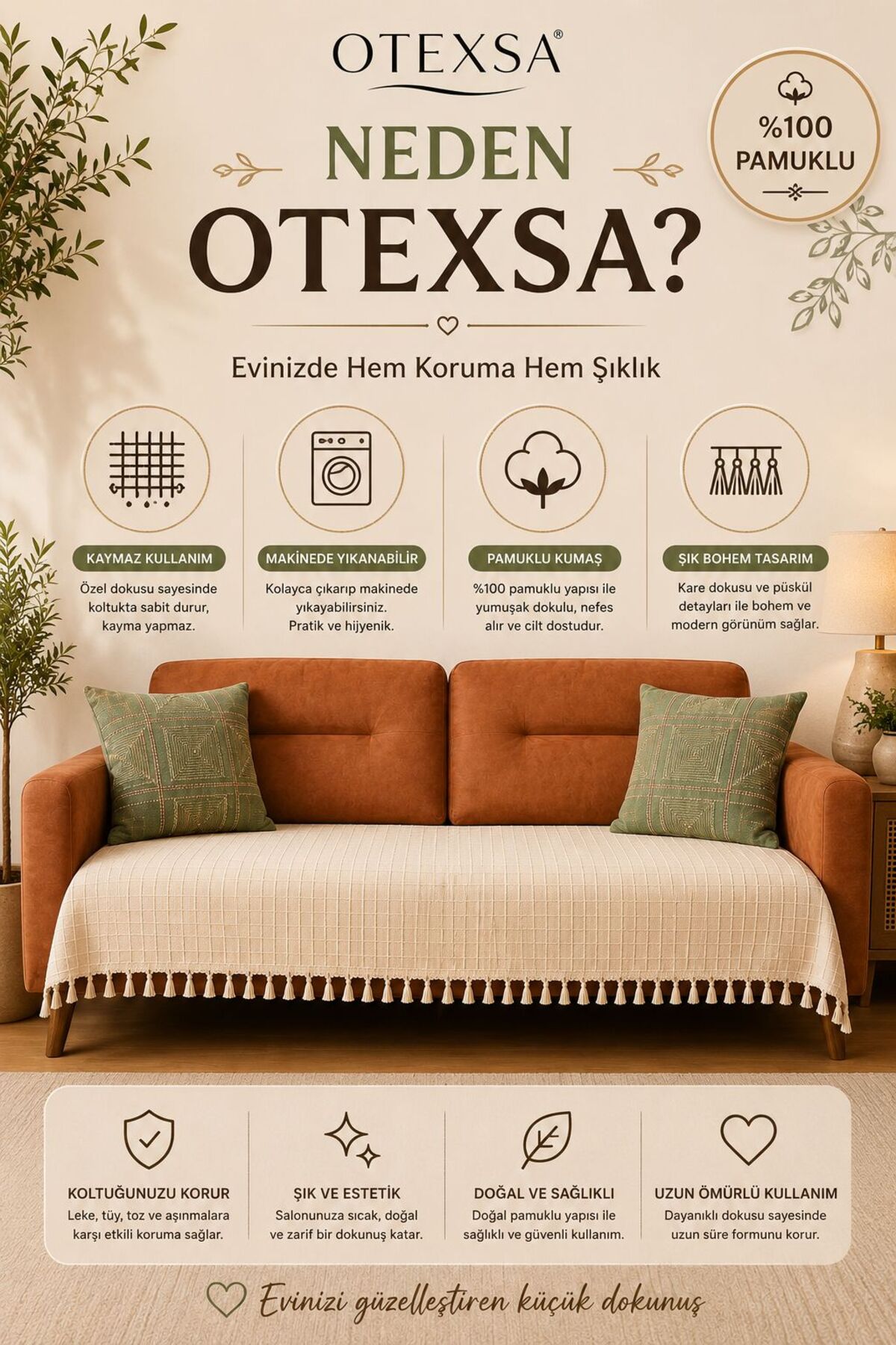 Cotton Bohemian Sofa Cover Square Pattern Lace Washable Sofa Cover Anti-Slip Stylish Modern Living Room