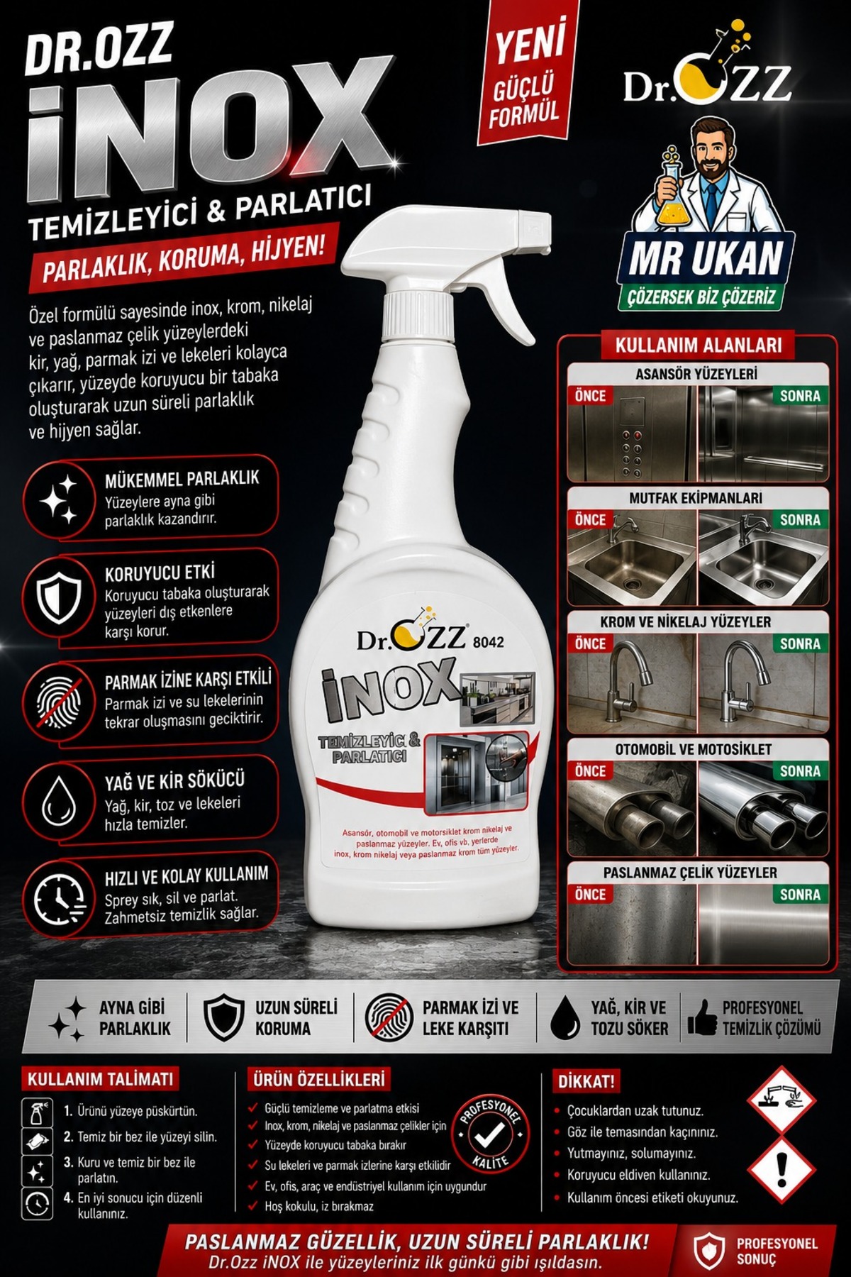 k.ok　804040 サイドアクリル Dr.Ozz 8042 Inox Ocak Temizleyici Yağ Ve Kireç Çözücü Güçlü Yüzey