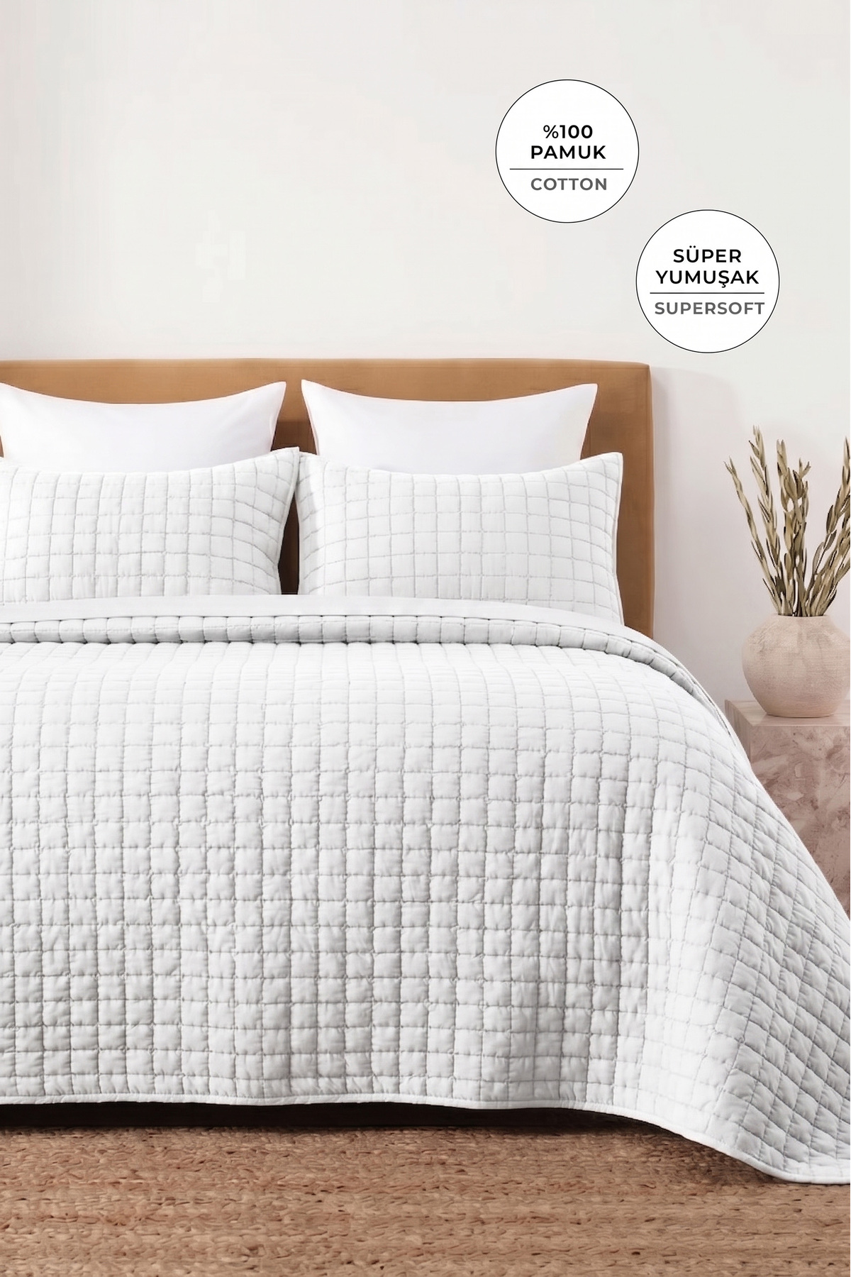 Square Pattern Double Bedspread Set 100% Cotton Stone Wash 3 Pieces Fiber Filled Soft Cream
