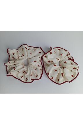 JUST WOMAN Kadın Toka Bej Bordo Kiraz Gül Desen Scrunchie 2 Adet