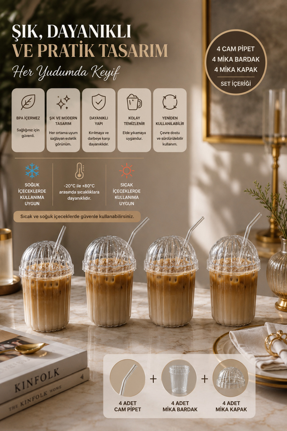 4 x MICA PLASTIC Heat Resistant Pinterest Cups with Oval Lids | Coffee and Presentation Cups| 430 ml