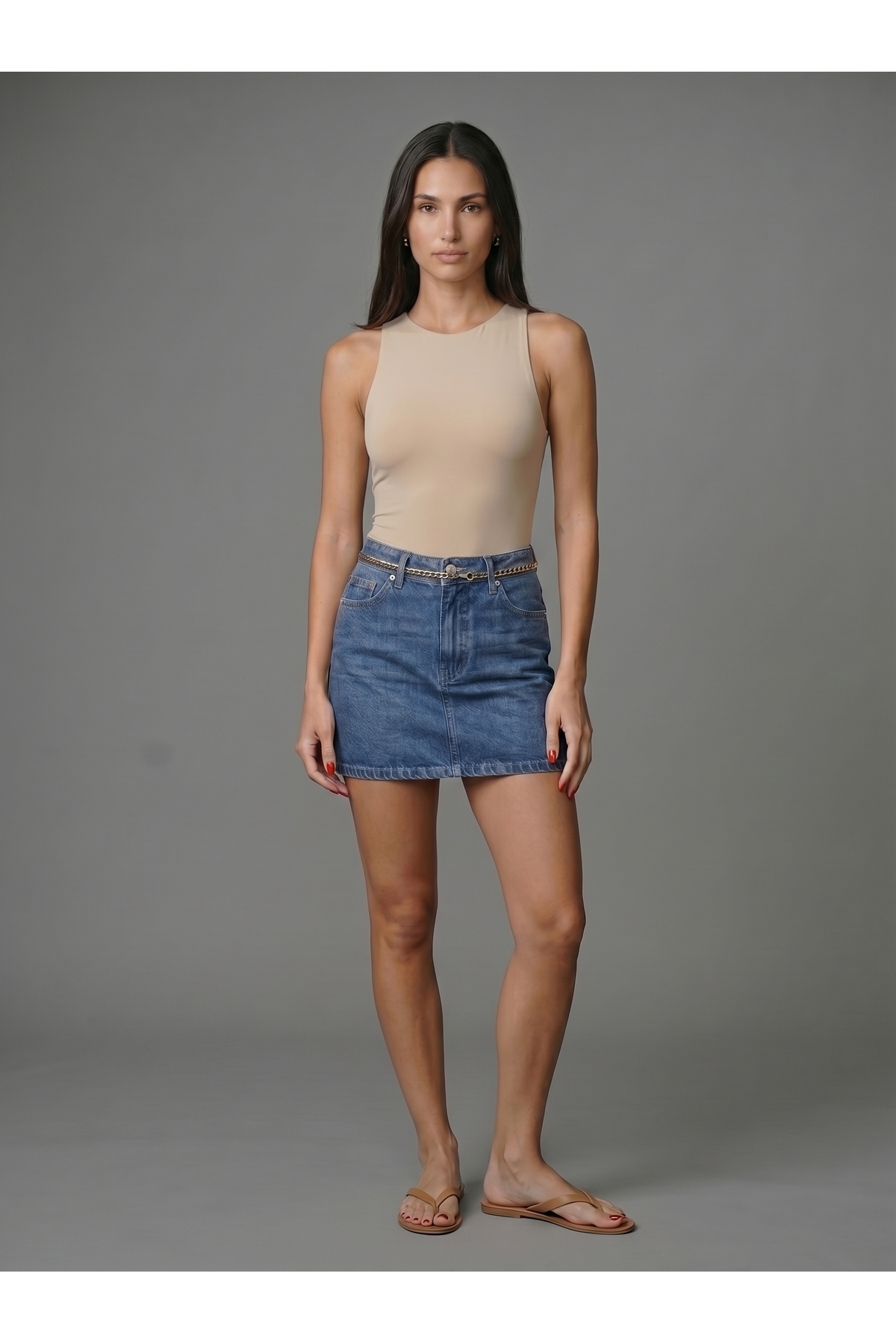 Kadın Bej Halter Yaka Slim Fit Likralı Bodysuit Günlük Şık Çıtçıtlı Body 3
