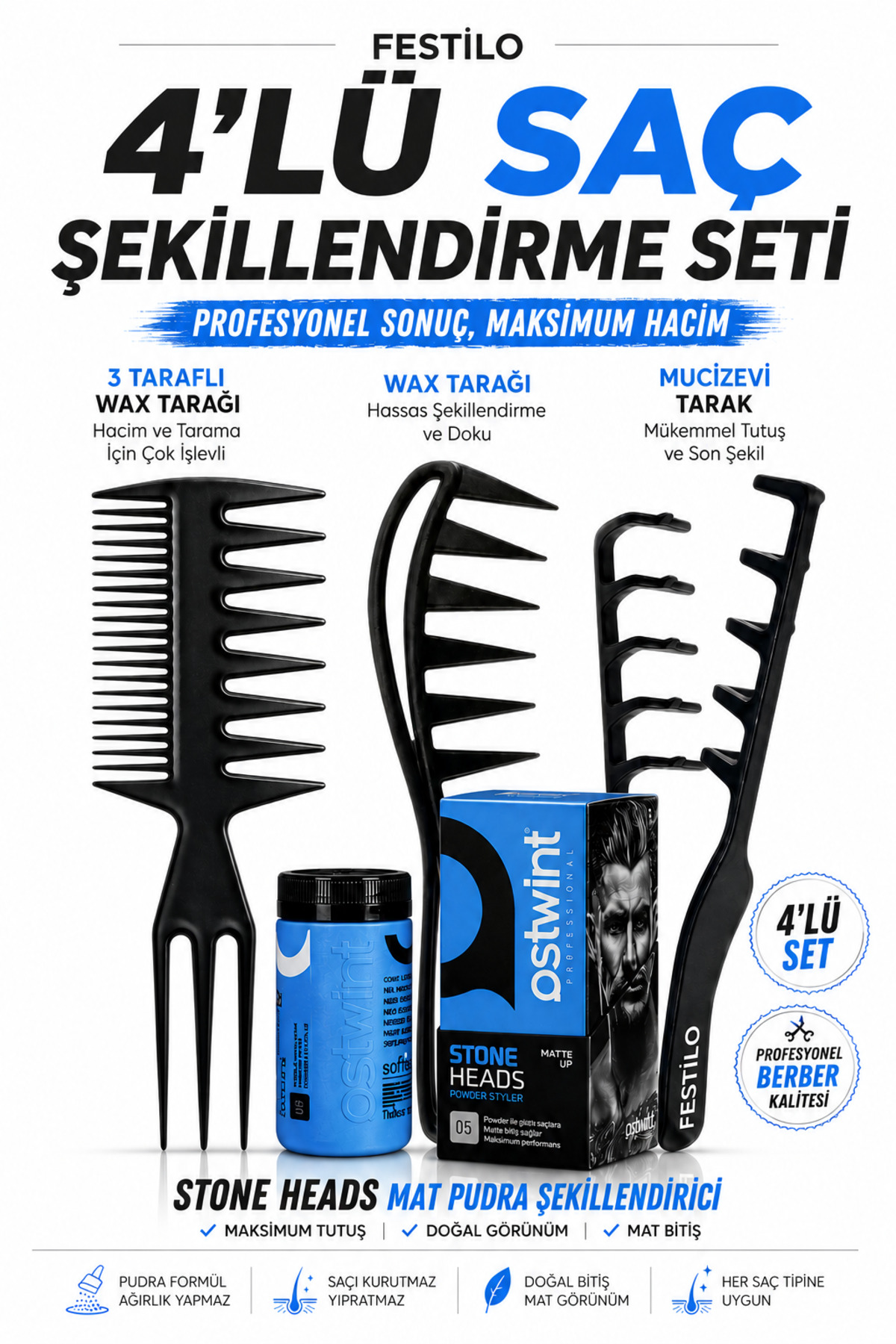 FESTİLO Mucizevi Hacim Ve Dalga Saç Şekillendirme Tarak Seti 4'Lü Wax Ve Şekil Tarak Seti — مشکی Fest032254