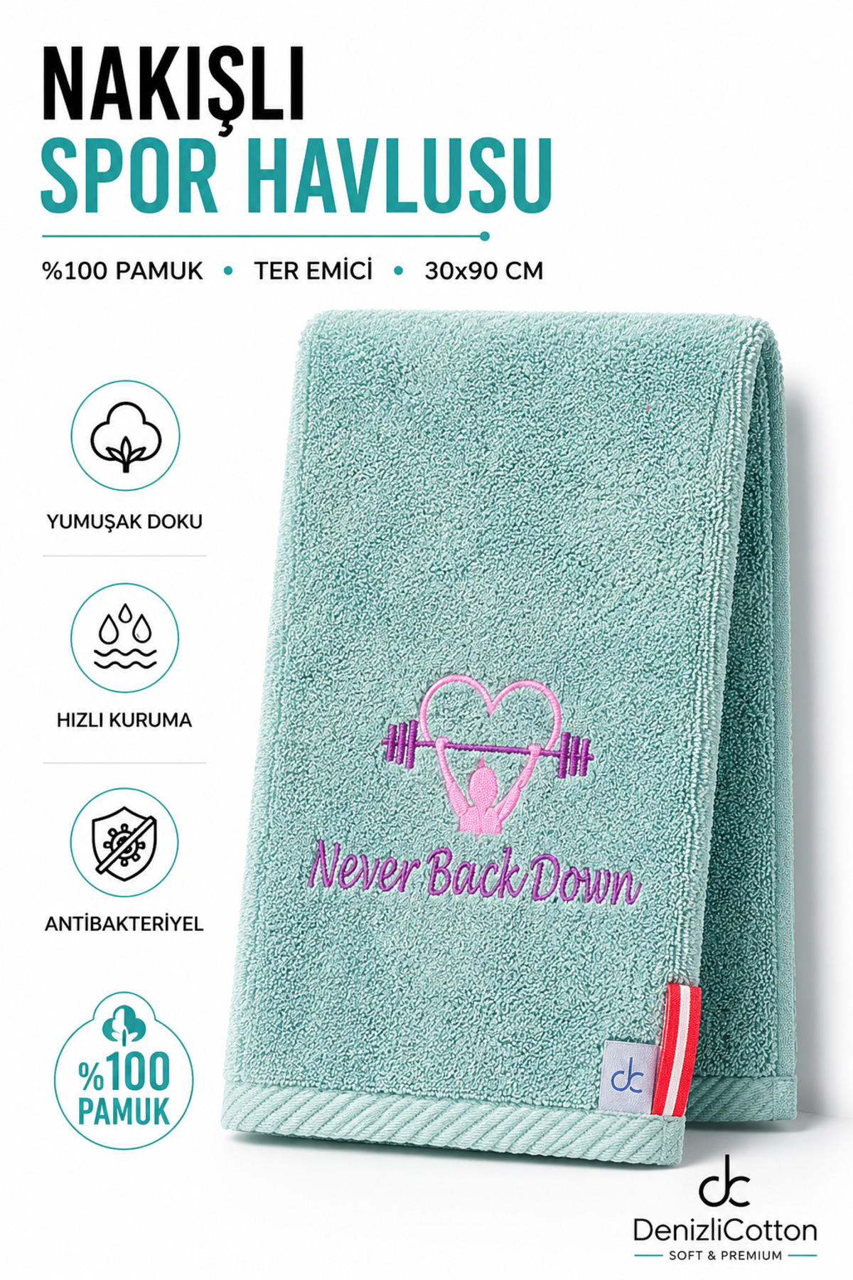 Mint Embroidered Sports Towel Cotton Sweat Absorbent Fitness Pilates Yoga Towel