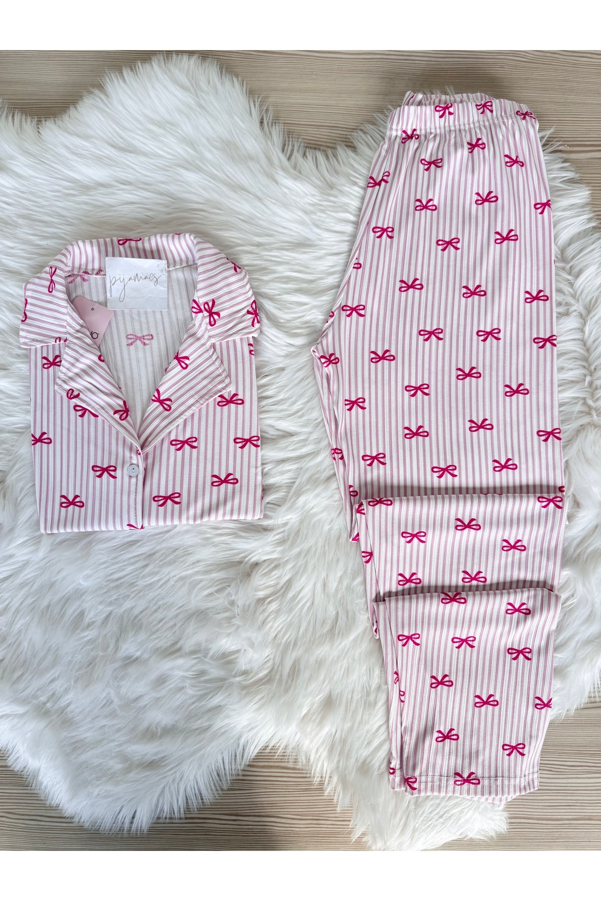 Pijamacs Pink Mini Bow Patterned Short Sleeve Pegasus Pajama Set