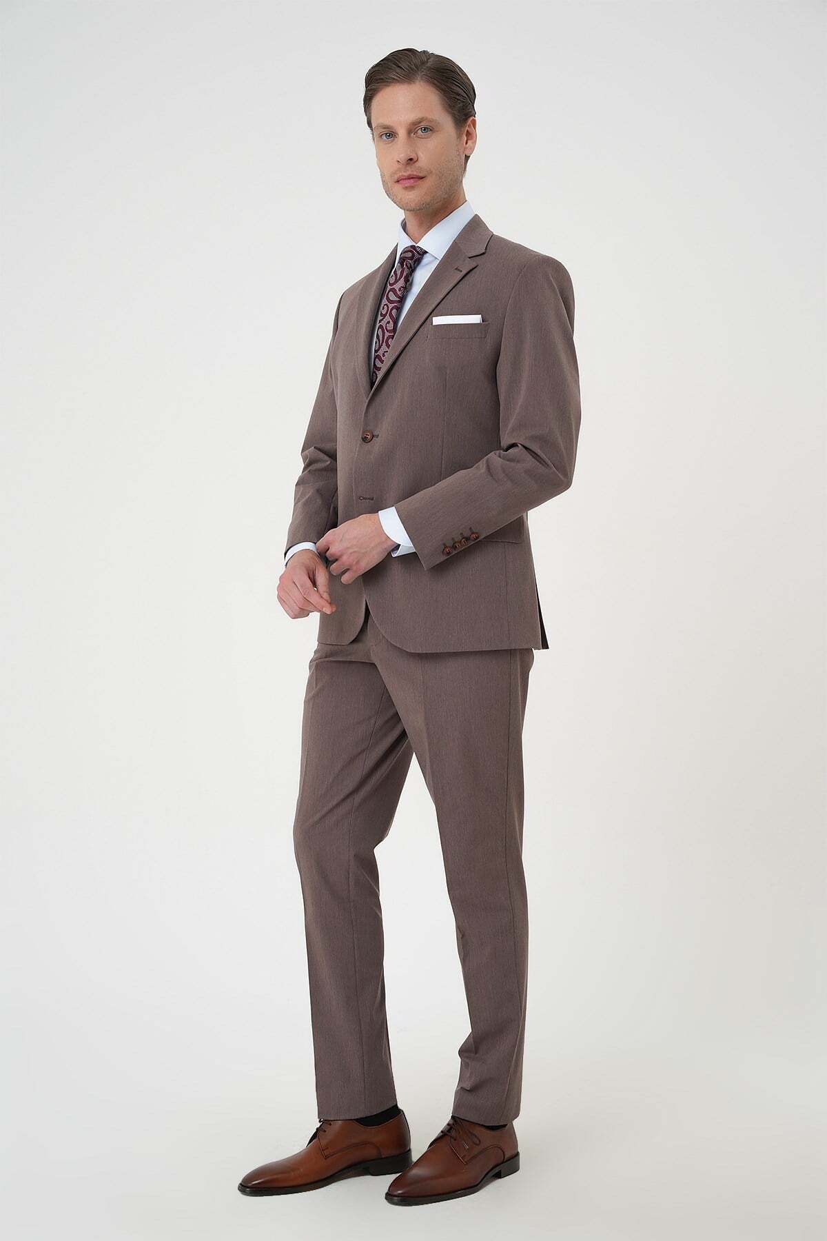 Efor Slim Fit Esnek Çift Yırtmaç Yelekli Düz Klasik Vizon Takım Elbise Tk 901 görsel 2