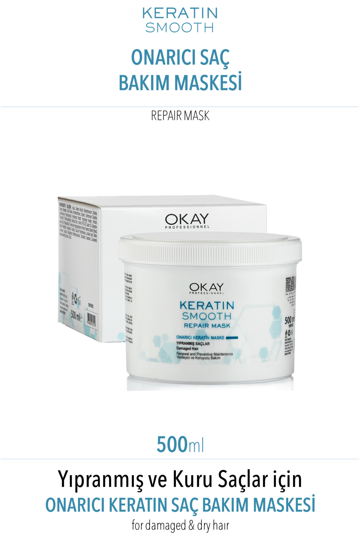 OKAYPROFESSIONNEL Keratin Smooth Onarıcı Ve Koruyucu Saç Bakım Maske Megaboy 500 Ml — TYC00296004584