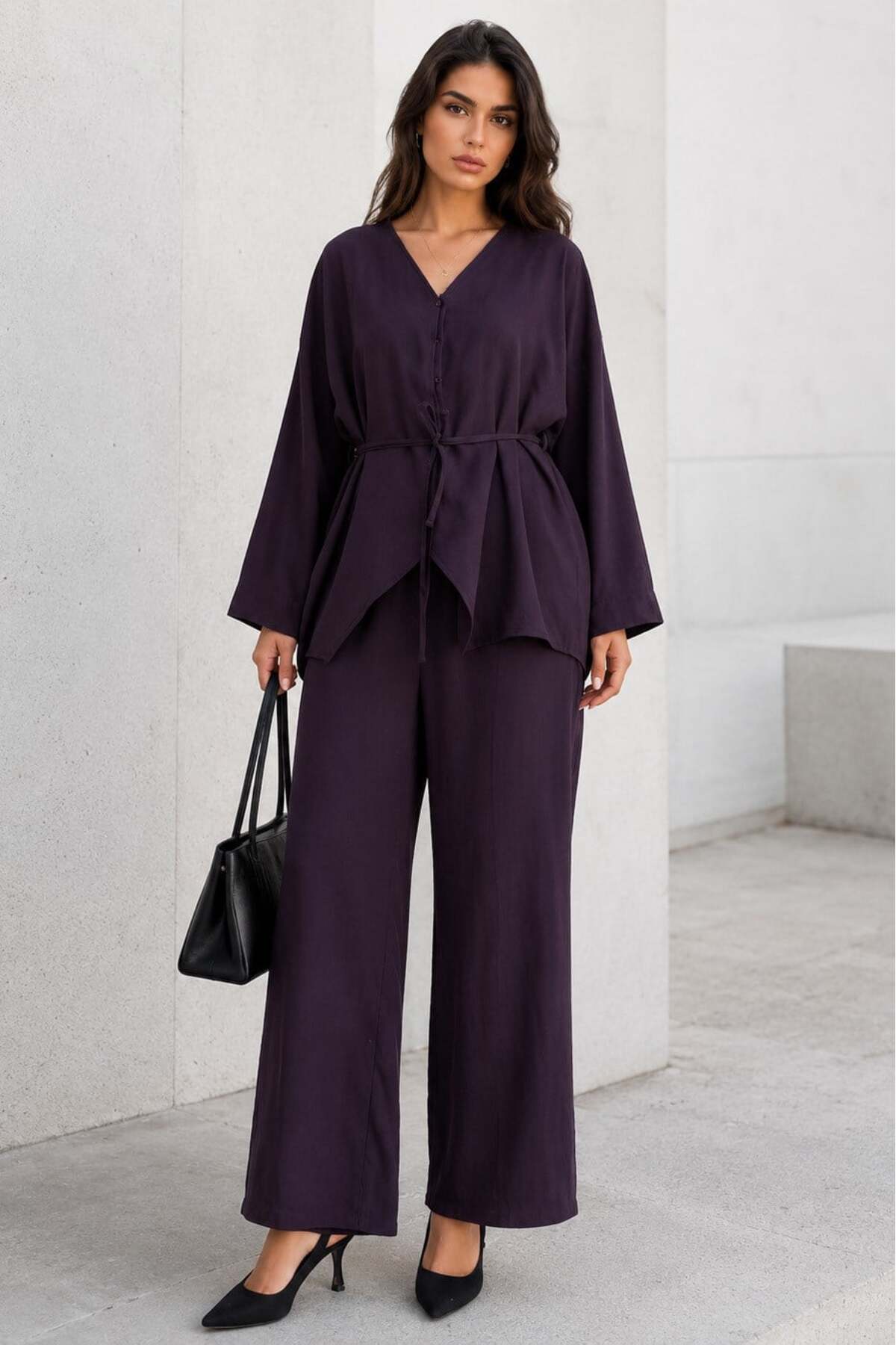 Damson V-Neck Buttoned Belted Double Modal Women's Suit MG2619