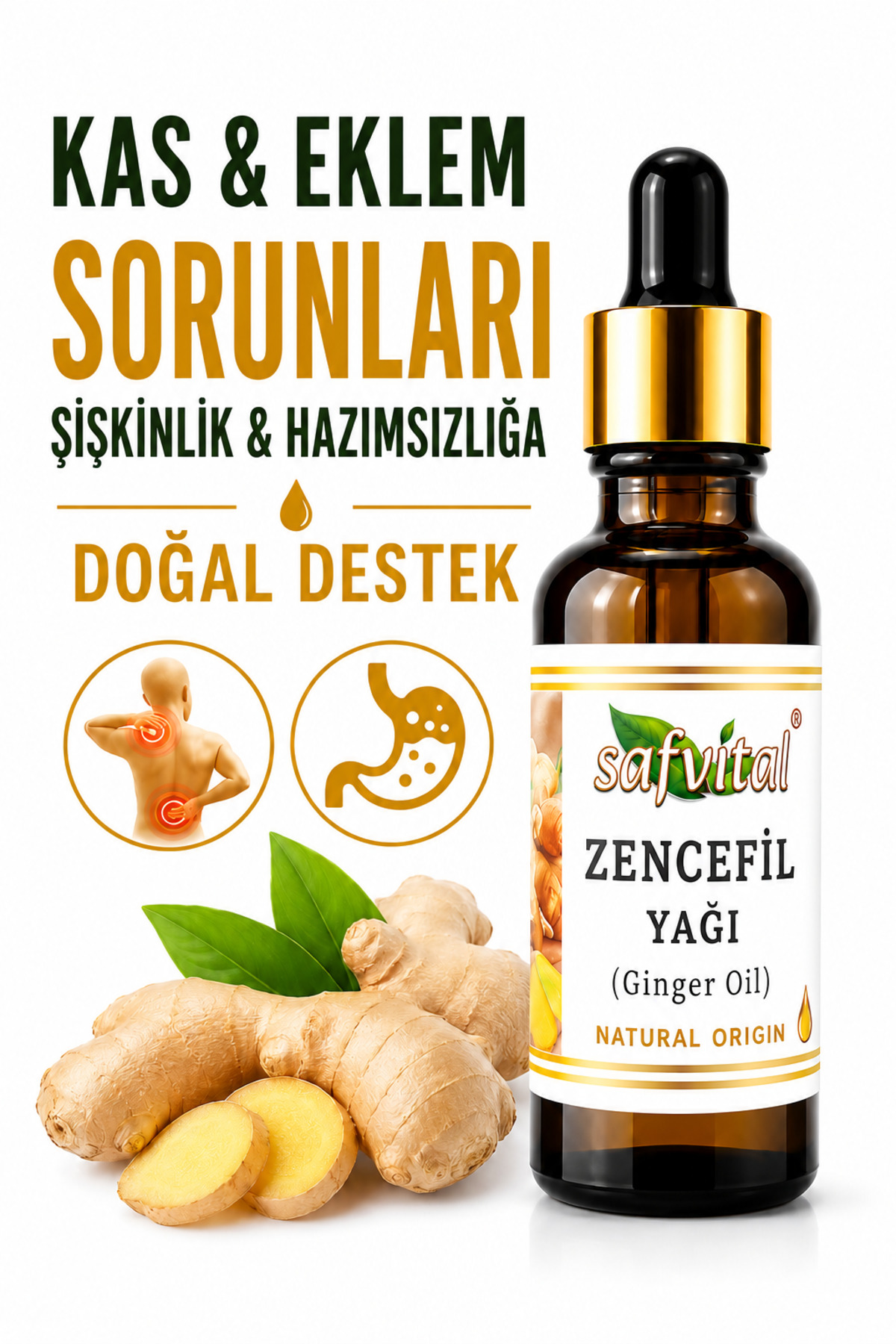 Zencefil Yağı 20 ml Aromatik Bitkisel Bakım Yağı Damlalıklı Amber Cam Şişe Maserasyon Kas ve Eklem Masajı Şişkinlik Hazımsızlık Karın Rahatlatıcı Bitkisel Premium Bakım Yağı — safvital-zencefil-yağı-20ml