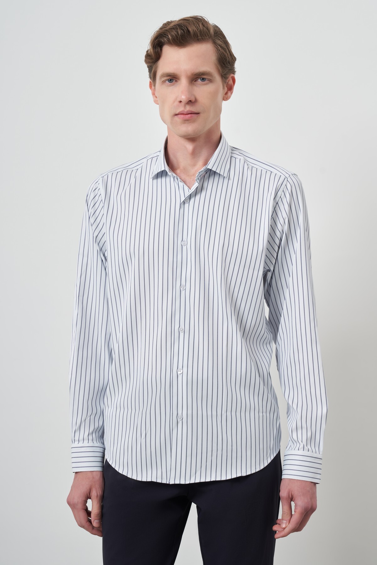 پیراهن مردانه یقه ایتالیایی راه راه شیک و مد روز مدل A-White Slim Fit  پیراهن Morven