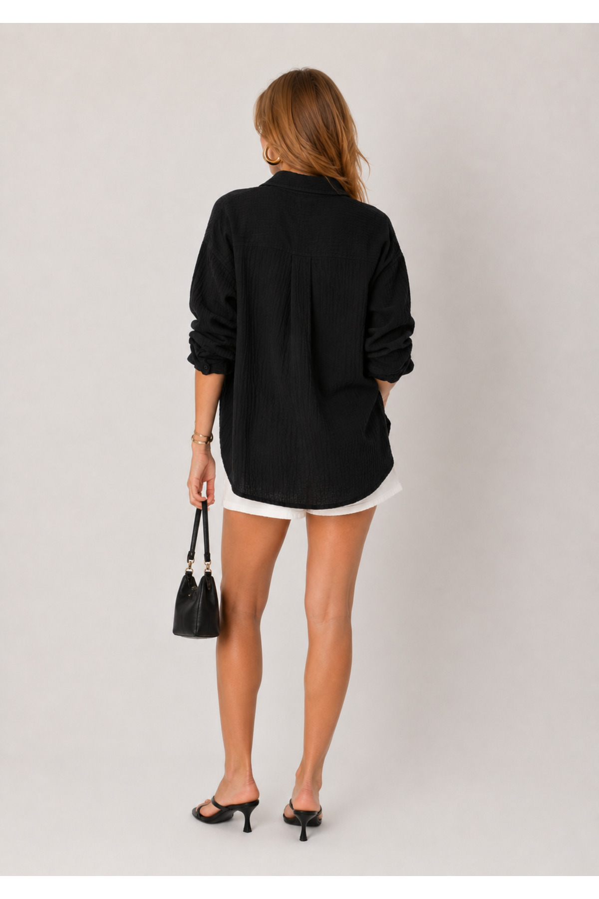 EDITION WOMAN Siyah Müslin Yıkamalı Oversize Pamuk Gömlek | EK100165030 görsel 5