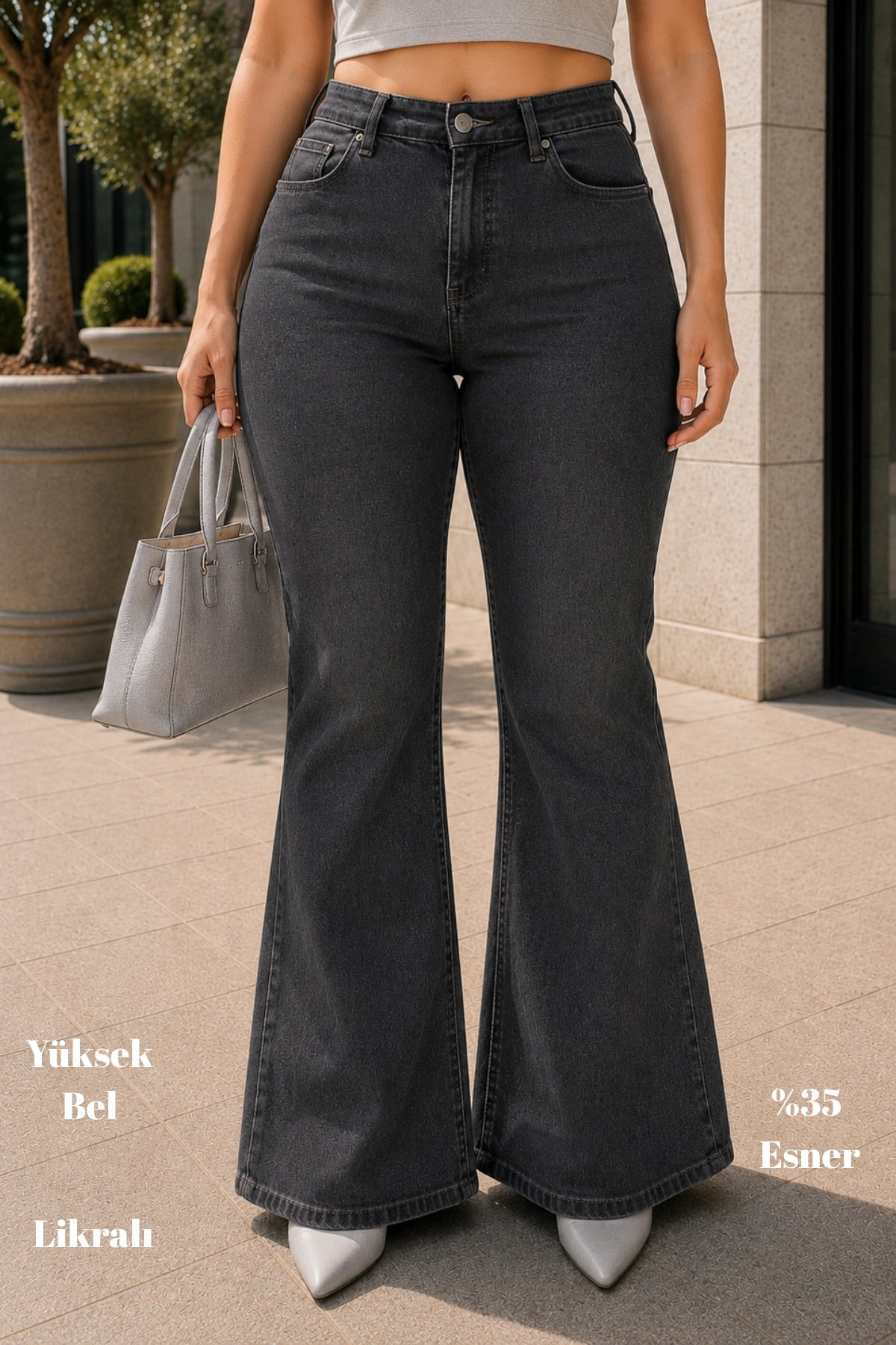 CEDY DENIM - Kadın Büyük Beden Ispanyol Paça Yüksek Bel Skinny Fit Likralı Pantolon C628-gri
