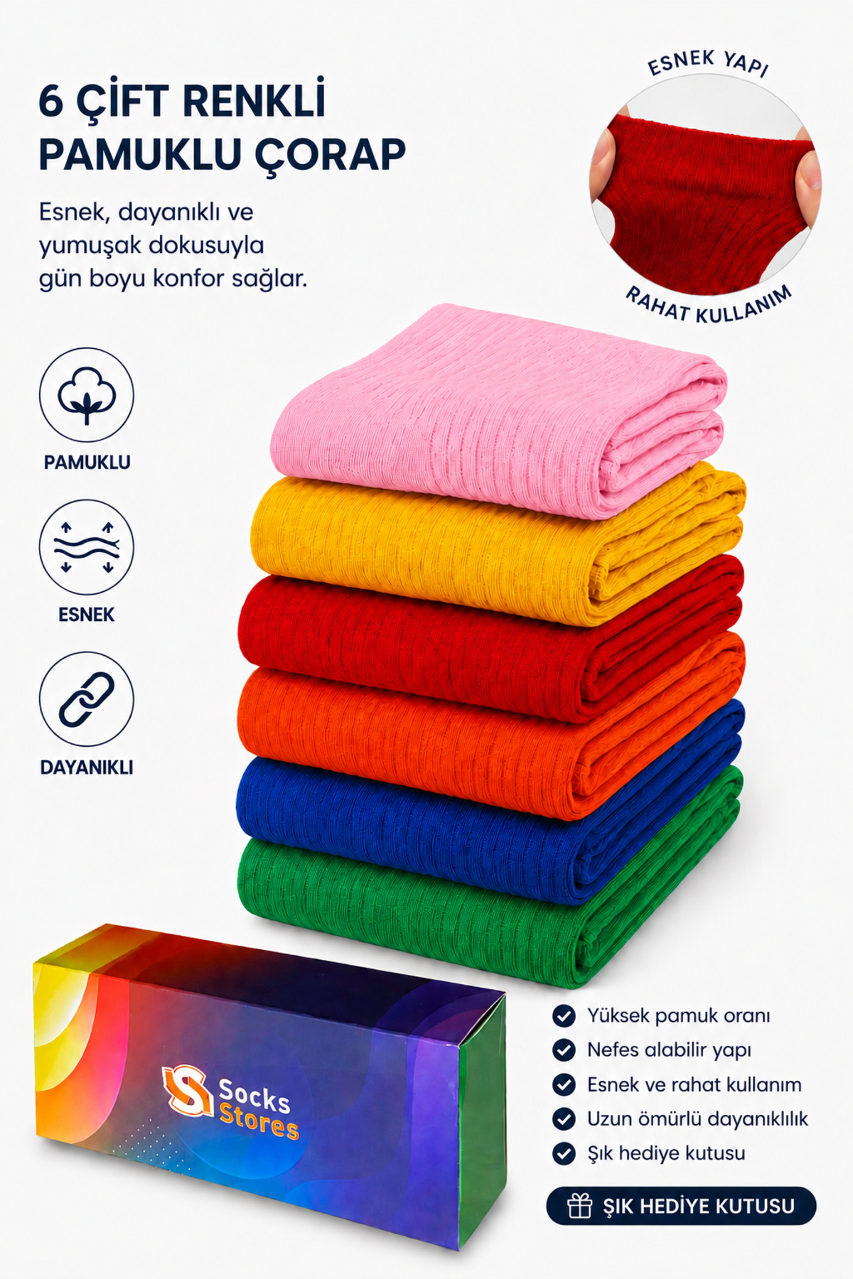 Esinti 6 Çift Unisex Renkli Kutulu Tenis Çorabı Uzun Renkli Erkek Kadın Çorap
