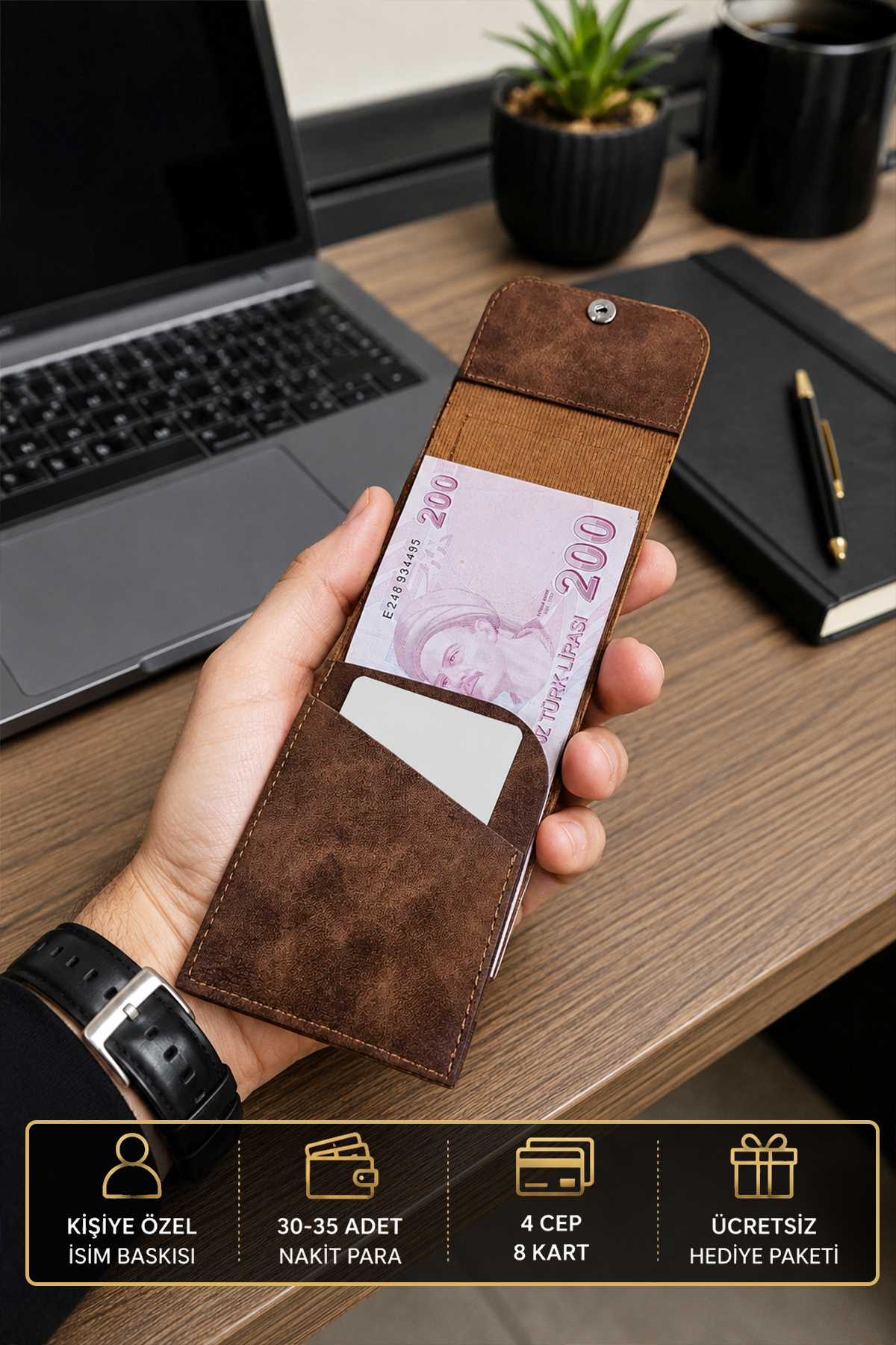Morika Hotel & Home Textile Kişiselleştirilebilir Özel Tasarım Süet Suni Deri Erkek/Kadın Unisex Cüzdan - Kahve görsel 2