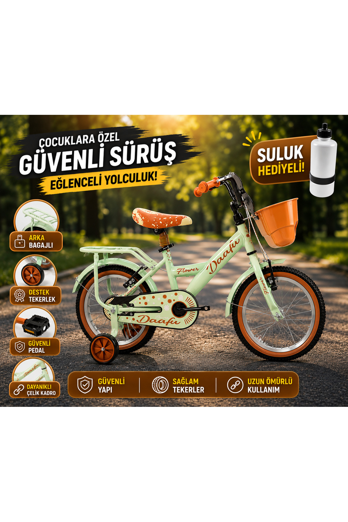 daafu Flower 1633 16 Jant Çocuk Bisikleti Ön Sepet-Zincir Muhafaza