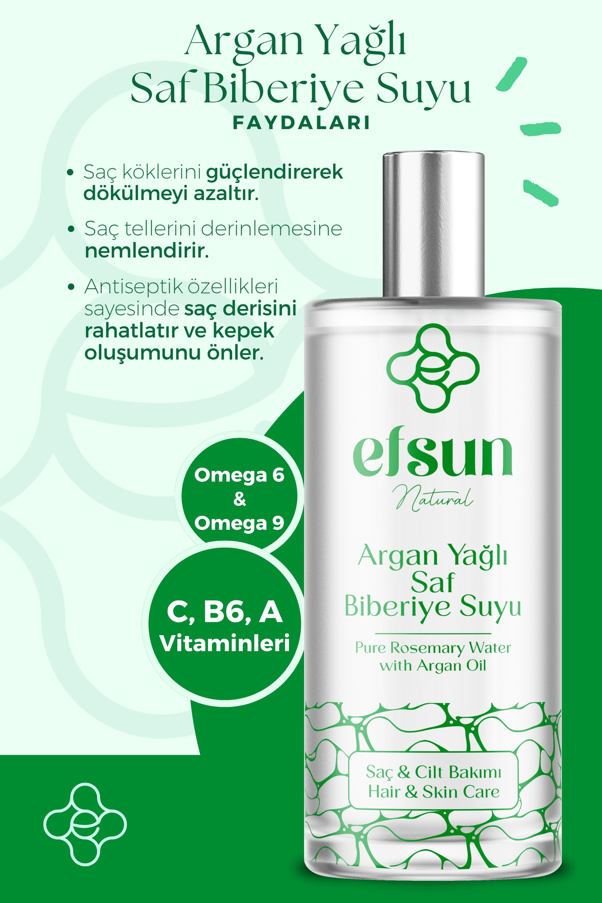 Biberiye Suyu & Argan Yağı - Dökülme Karşıtı Hızlı Uzama Etkili %100 Doğal Güçlendirici Saç Toniği 100 ml — ArganBiberiyeTonik — تصویر 4 از 6