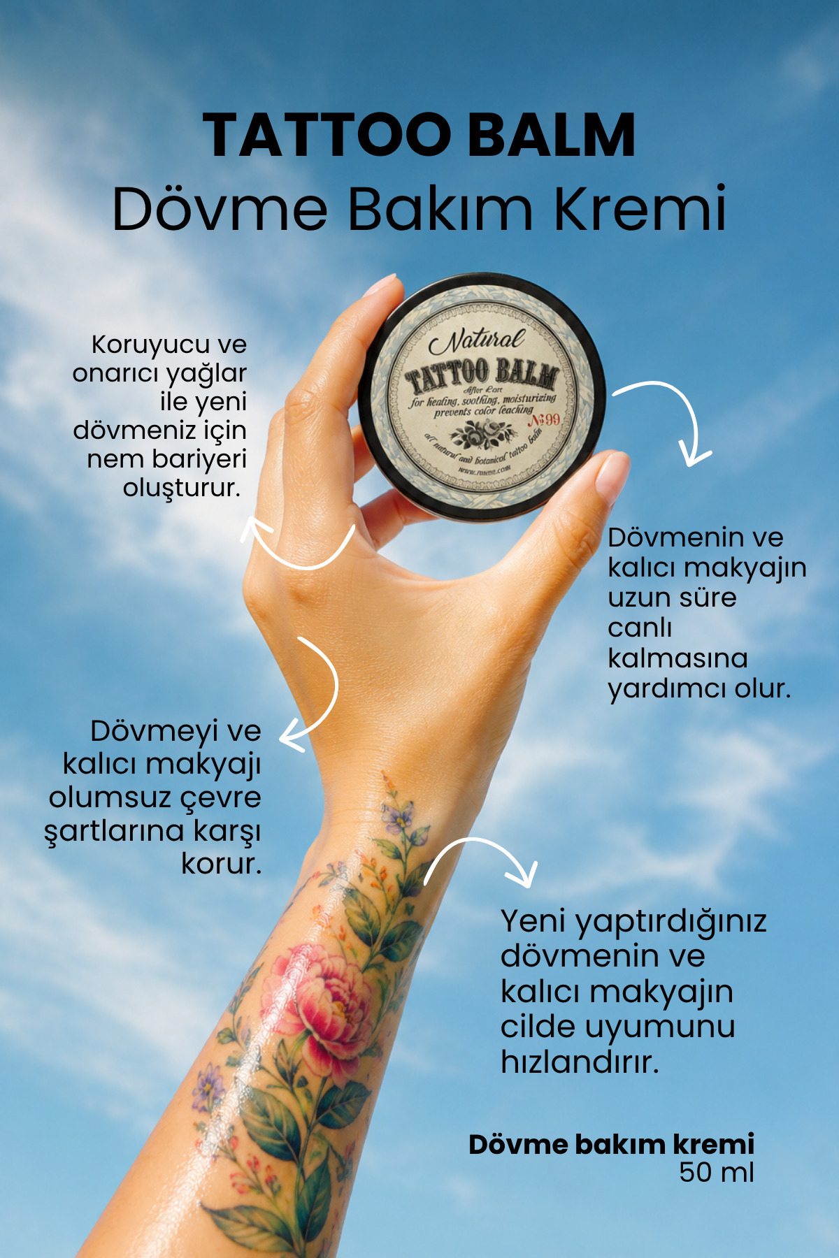 Doğal Dövme Kremi Natural Tattoo Balm | Dövme Kalıcı Makyaj Onarıcı Nemlendirici Renk Koruyucu 50 gr — 8681535105624 — تصویر 3 از 5