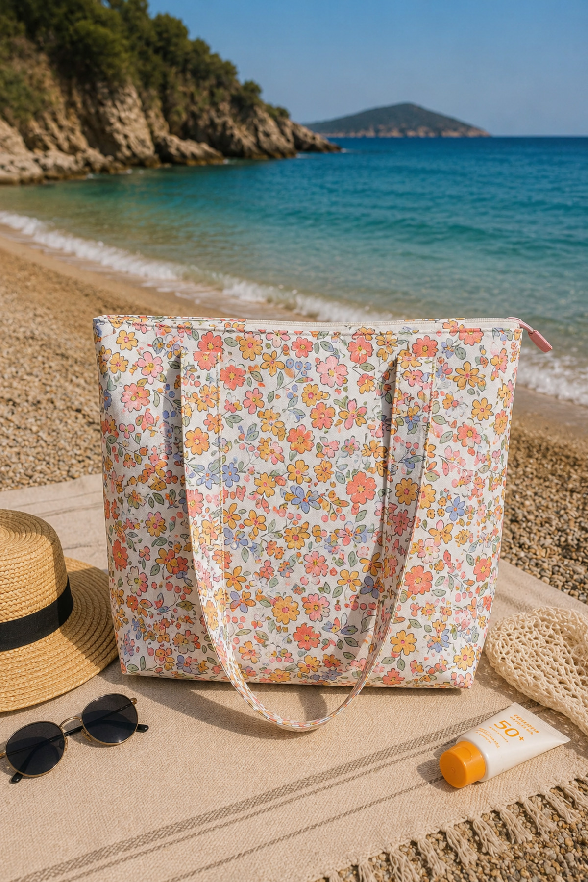 MIORA BAG Mor ve Çiçek Kombinasyonlu Fırfır Detaylı Plaj Çantası- Duck Kumaş görsel 2